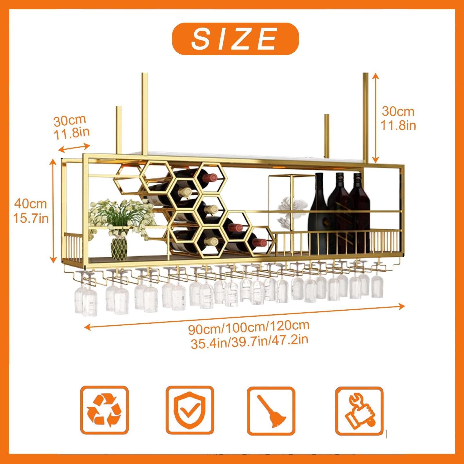Large Capacity Honeycomb Ceiling Wine Glass Rack - 39.7 Inch (100cm) Gold Hanging Wine Bottle Storage Display for Home Bar, Kitchen & Dining Room - Perfect for Wine Enthusiasts & Entertaining Guests