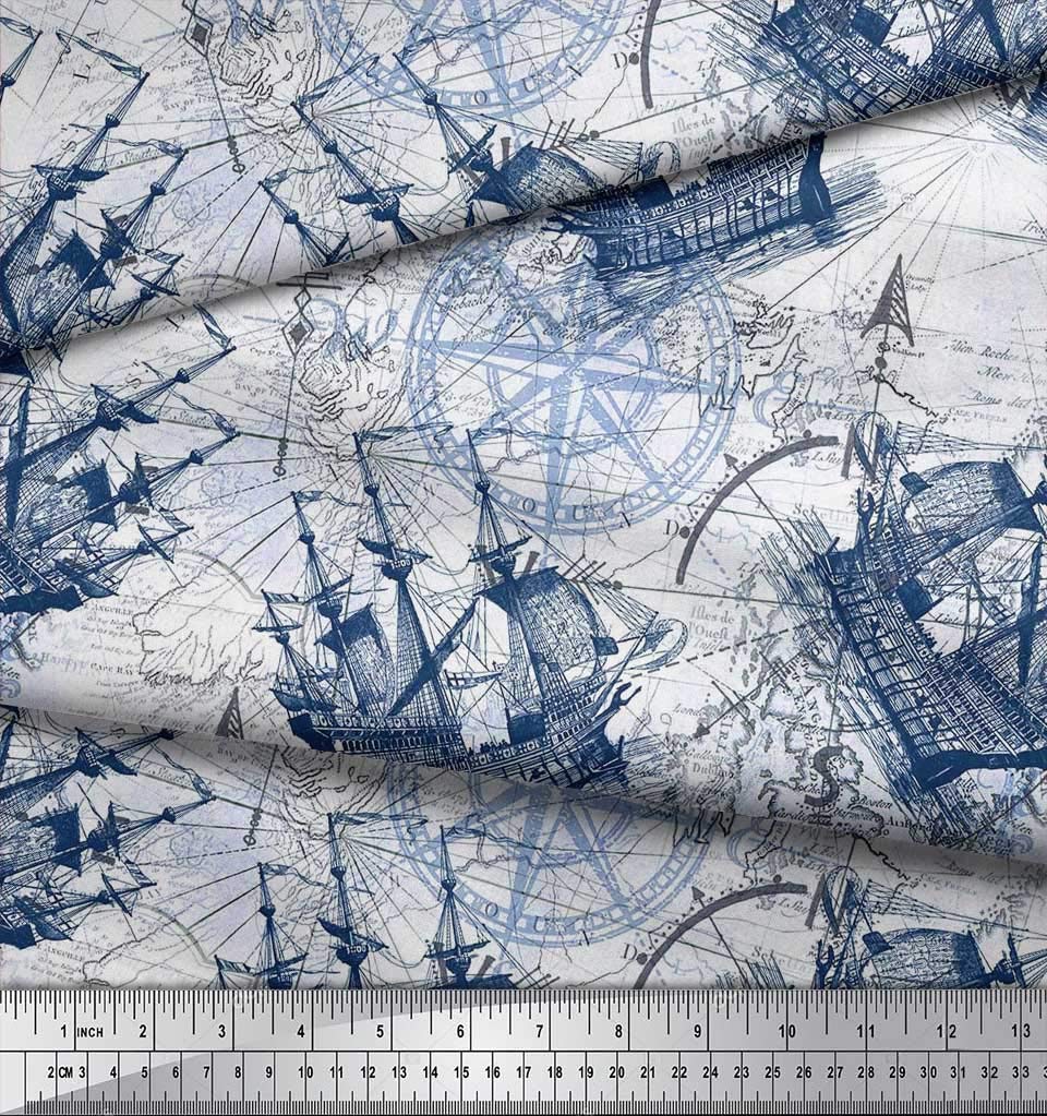 Soimoi Blue Polyester Crepe Fabric by The Yard - 52 Inch Wide Nautical Print Fabric with Ship & Compass Design - Perfect for DIY Nautical Decor, Marine-Themed Clothing, and Home Sewing Projects