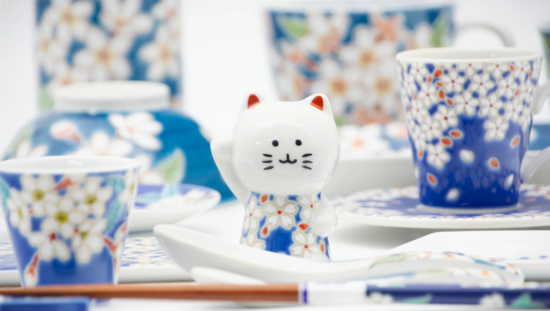 Authentic Kutani Yaki Japanese Maneki Neko Beckoning Cat Figurine - Cherry Blossom Design | Lucky Charm for Home, Office & Gift Giving