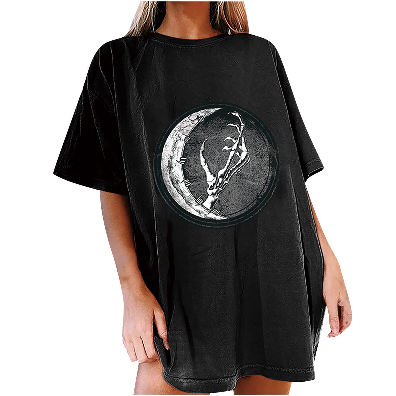 Women's Oversized Summer Short Sleeve T-Shirt - Moon & Skeleton Print Casual Loose Pullover Top | Perfect for Beach Outings, Music Festivals & Everyday Wear