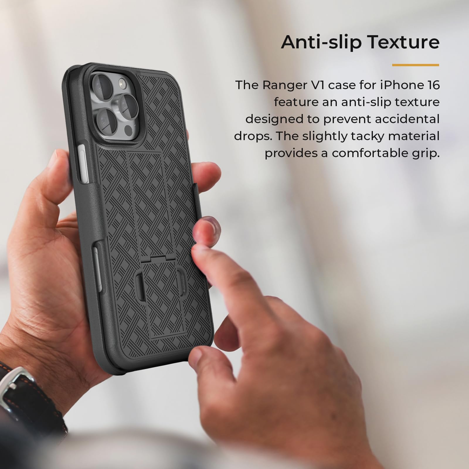 MOTIVE iPhone 16 Pro Max Holster Case with Belt Clip - Slim Rugged Shockproof Protective Cover & Kickstand (6.9 Inch) | Ranger Series - Perfect for Outdoor Activities, Construction Work and Daily Use