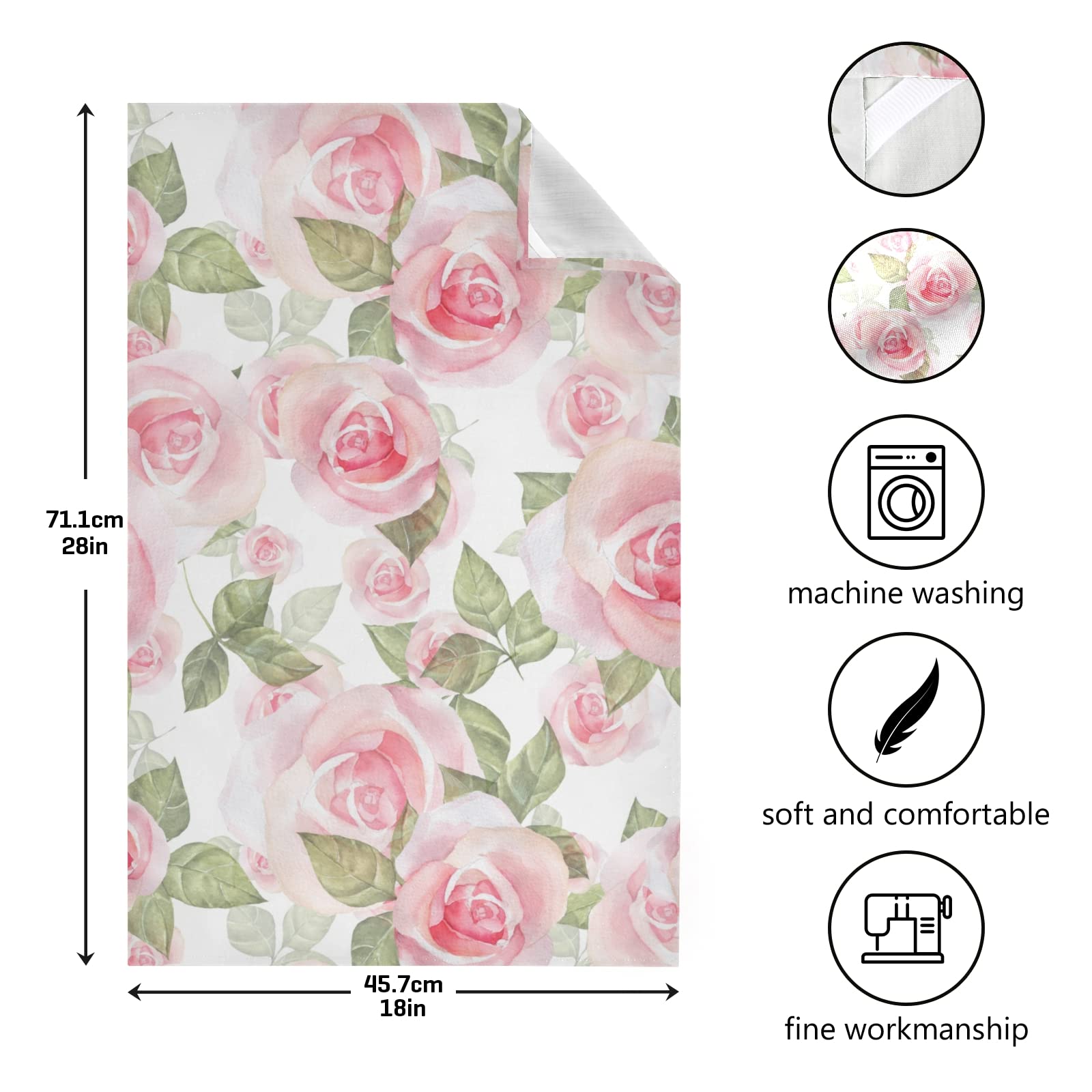 Light Pink Roses with Green Leaves on White Floral Seamless Pattern - Set of 1 Polyester Kitchen Dish Towel, Hemmed Napkin Terry Towel, Dishcloths & Hand Bar Tea Towels with Hanging Loop - Perfect for Kitchen, Dining, and Home Decor