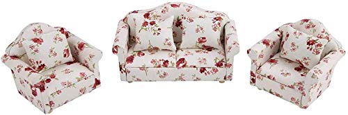 Handmade 1/12 Scale Miniature Dollhouse Furniture - Birch Wood & Fabric Sofa Set with Back Cushions for Realistic Dollhouse Decor | Perfect for DIY Miniature Scenes, Dollhouse Displays & Collectors