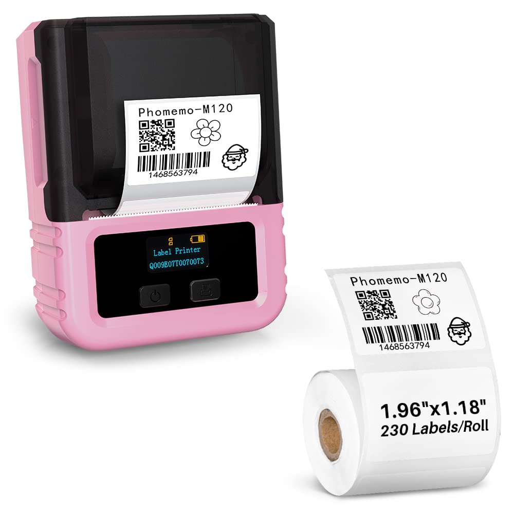 Phomemo M120 Portable Bluetooth Label Maker - Pink Thermal Sticker Printer for Barcodes, Mailing, Retail & Small Business, 1.96