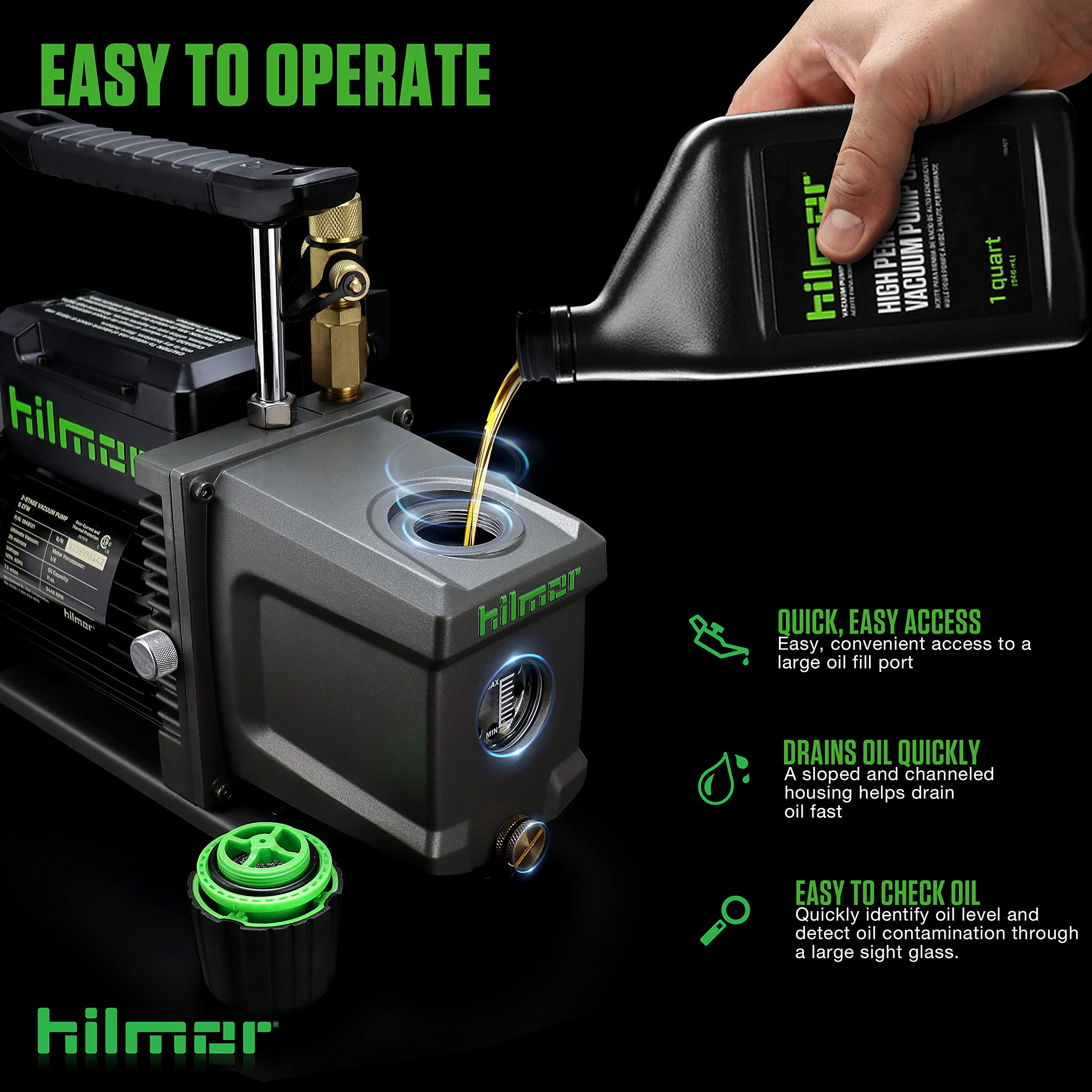 Hilmor 1948121 5 CFM HVAC Vacuum Pump - 120V, 1/2 HP, 11 oz Oil Capacity - Professional HVAC Tools & Equipment for AC Repair, Refrigeration, and Air Conditioning Systems