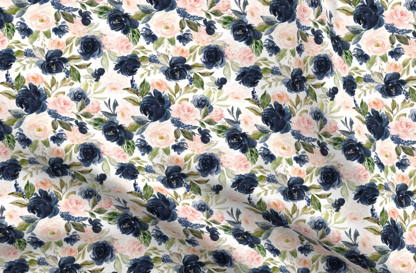 Beach Blossoms Floral Printed Denim Fabric by The Yard - White Flowers Rose Navy Spring Roses Blush Design for Apparel, Home Decor & Upholstery | Perfect for DIY Dresses, Curtains & Throw Pillows