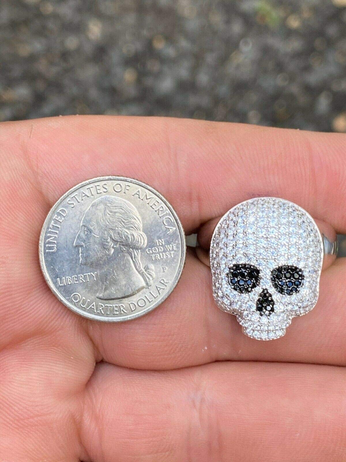 925 Sterling Silver Men's Iced Skull Emoji Ring with Black Diamond Eyes - Gothic Santa Muerte Pinky Ring for Men - Hip Hop Jewelry Gift for Boyfriend - Perfect for Parties, Concerts and Streetwear Fashion