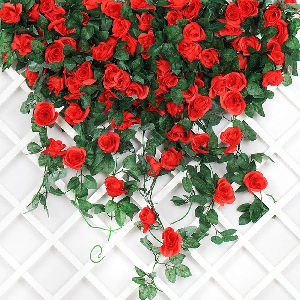 16 FT Artificial Rose Vine Garland - Fake Hanging Flowers for Home, Hotel, Office, Wedding & Garden Decor (Red, 2 Pack) - Perfect for Wall, Fence, Balcony & Party Decoration
