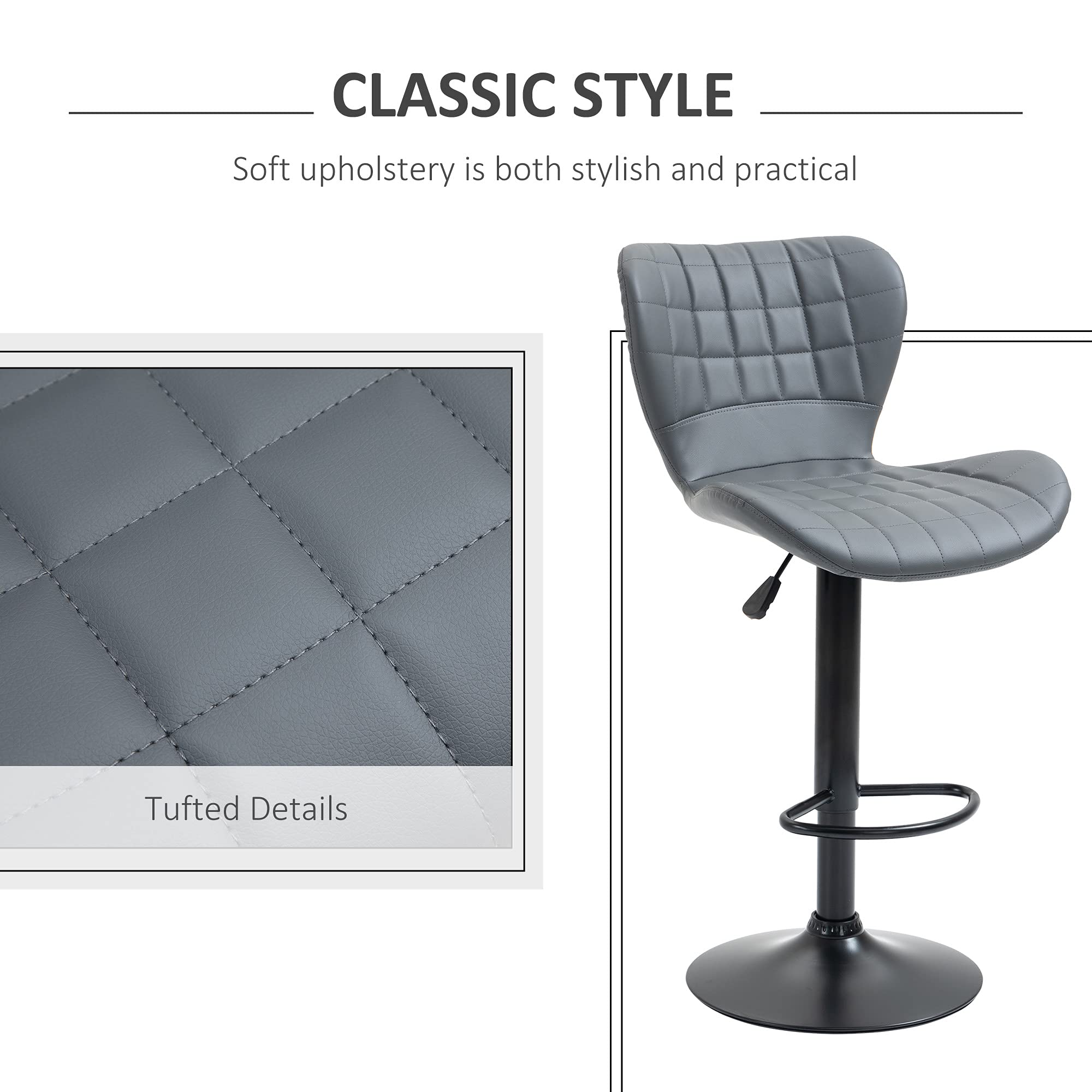 HOMCOM Adjustable Height Swivel Bar Stools Set of 2 - PU Leather Counter Stools with Backrest & Footrest, Grey - Perfect for Kitchen Island, Home Bar & Breakfast Nook