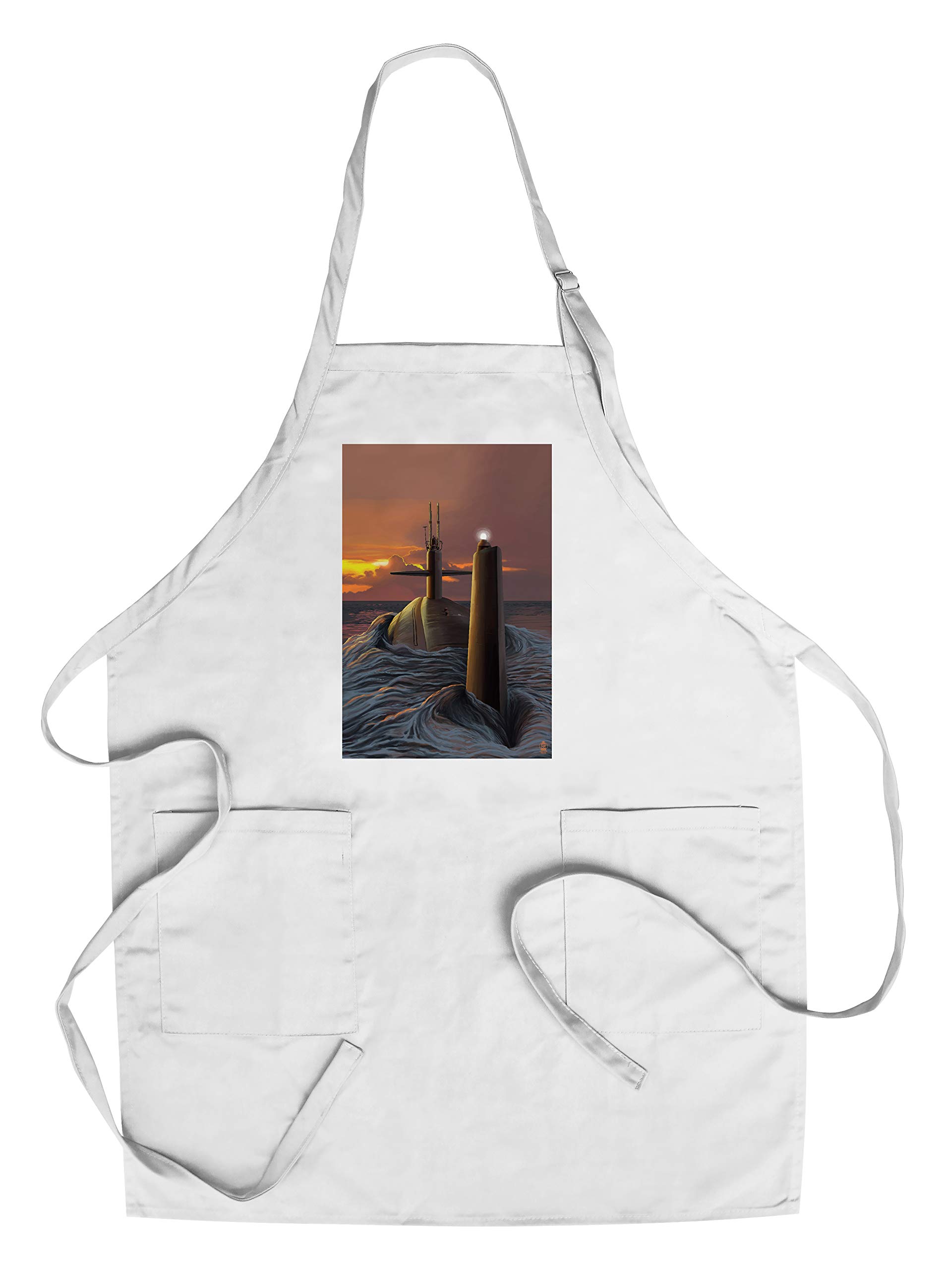 Submarine and Sunset Print Cotton Canvas Apron - Unisex Kitchen Cooking, Baking & Grilling Apron with Pockets - Perfect for Home Chefs, BBQ Parties & Art Workshops