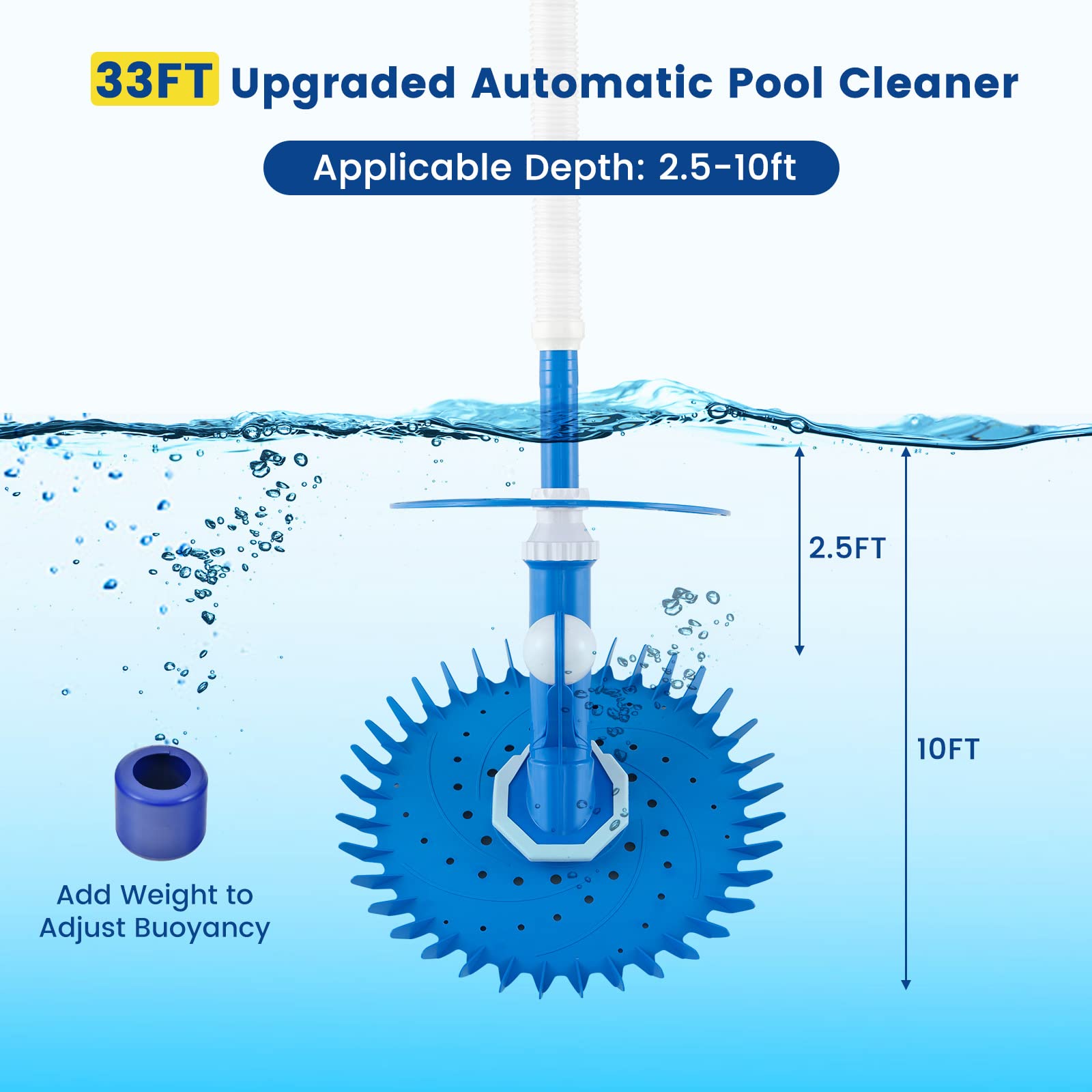 Upgraded Goplus Automatic Pool Cleaner - Robotic Vacuum Suction Pool Sweeper with 10 x 3.3 FT Extension Hoses & 36-Fin Disc, Side Climbing Design for Above Ground & Inground Pools - Efficiently Cleans Floors, Walls & Corners - Perfect for Backyard, Residential & Commercial Swimming Pools