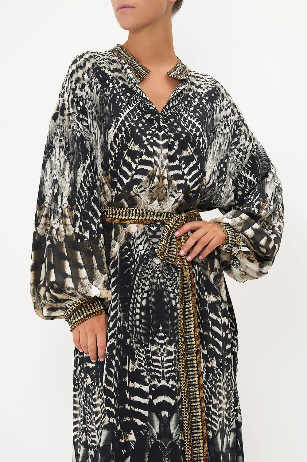 Blouson Sleeve Placket Dress - Elegant Night Owl Print Women's Fashion for Evening Parties & Date Nights