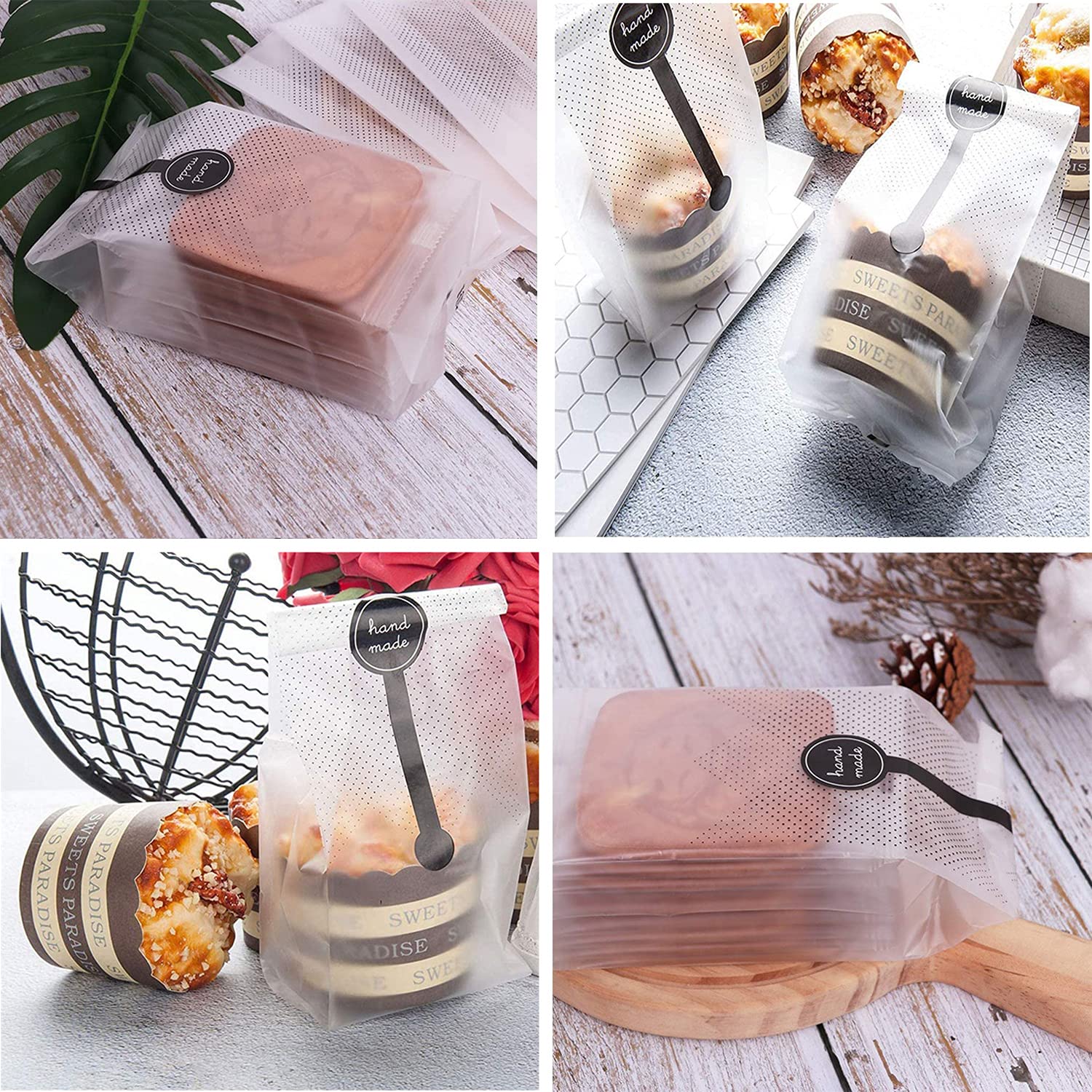 100Pcs Clear Plastic Bags for Baking - Cellophane Bags with 100 Handmade Stickers for Cookies, Cakes, Chocolates & Candy - Perfect for Bakery Packaging, Party Favors & Gift Wrapping