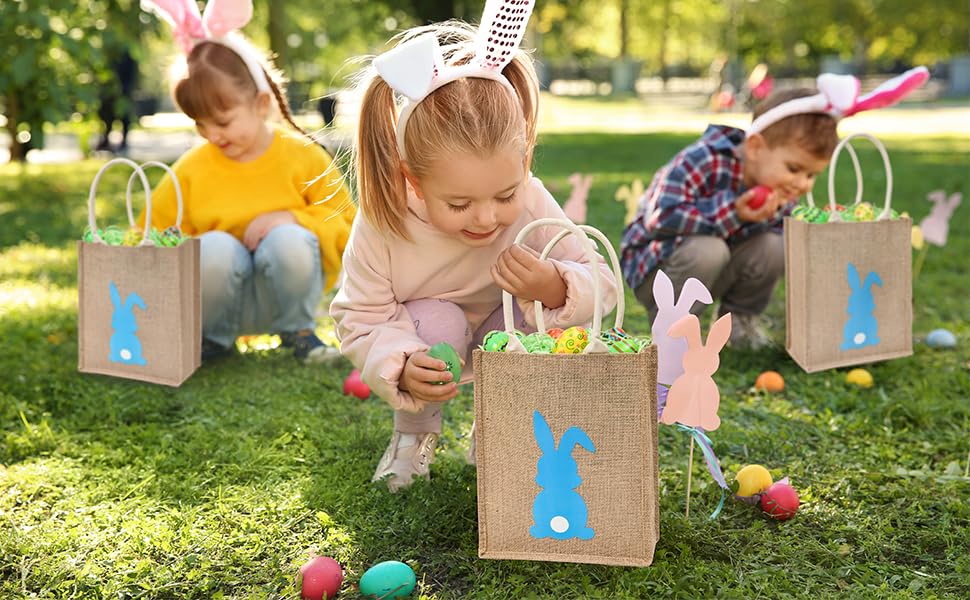 ATFUNSHOP Easter Tote Bag for Kids - Reusable Blue Bunny Basket for Egg Hunt, Easter Party & Spring Celebration - Durable Linen Easter Gift for Boys & Girls