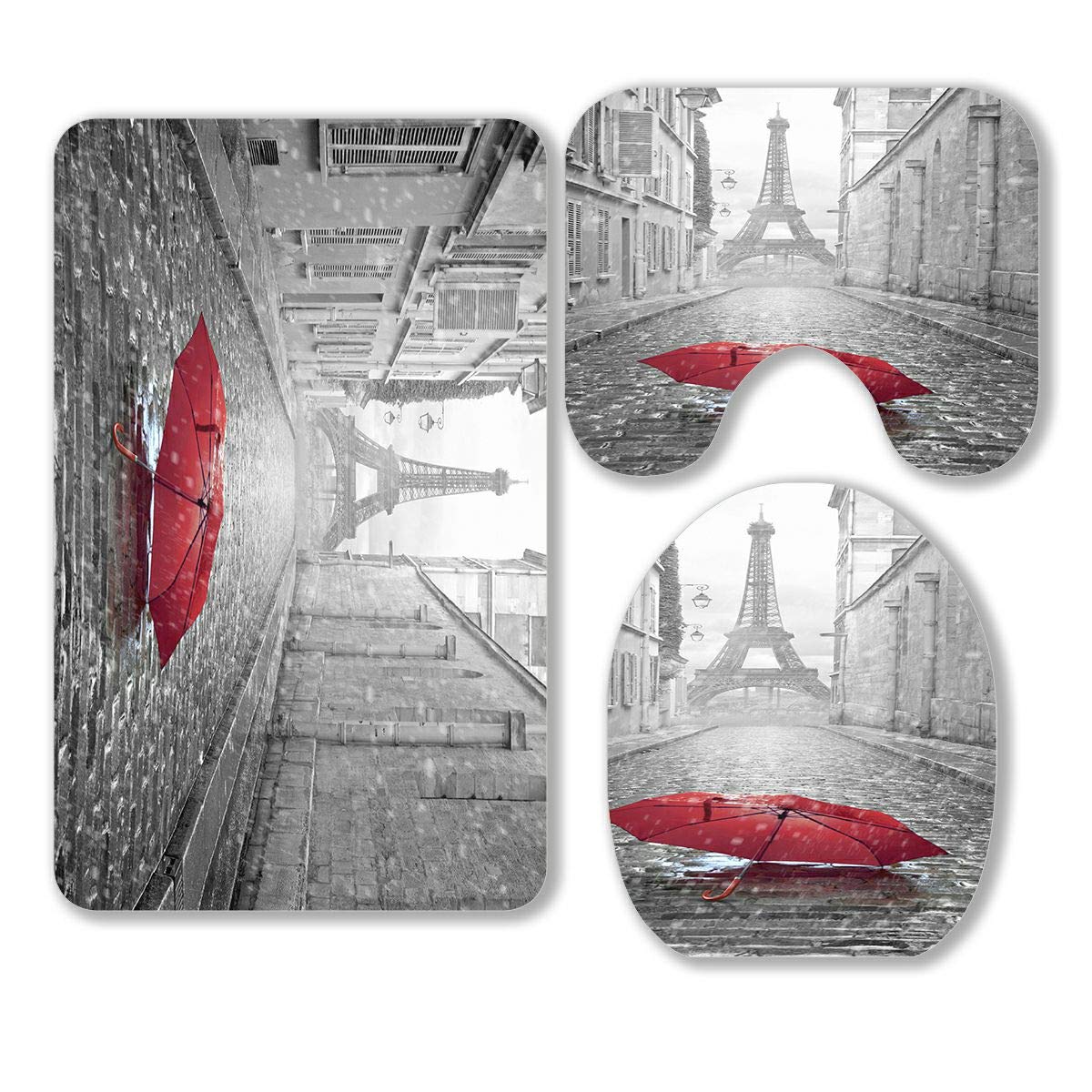 ABPHQTO Paris Themed 3-Piece Bathroom Rug Set - Eiffel Tower View Contour Mat, Toilet Lid Cover - Non-Slip, Absorbent, Machine Washable - Perfect for French Decor, Guest Bathrooms & Themed Home Decor