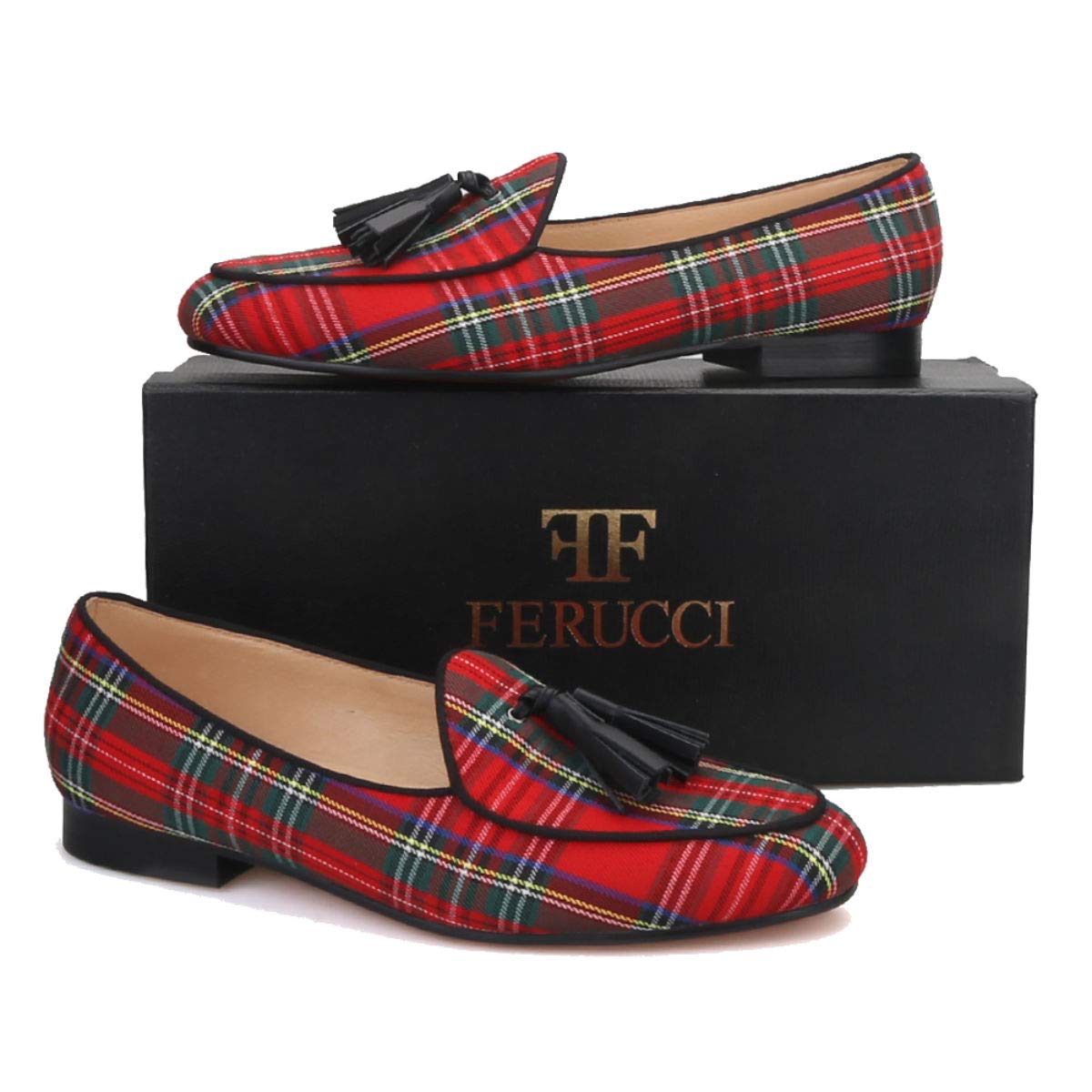FERUCCI Men's Red Scottish Plaid Slippers - Comfortable Leather Loafers with Black Tassel for Indoor/Outdoor Wear - Perfect for Home, Office & Casual Occasions