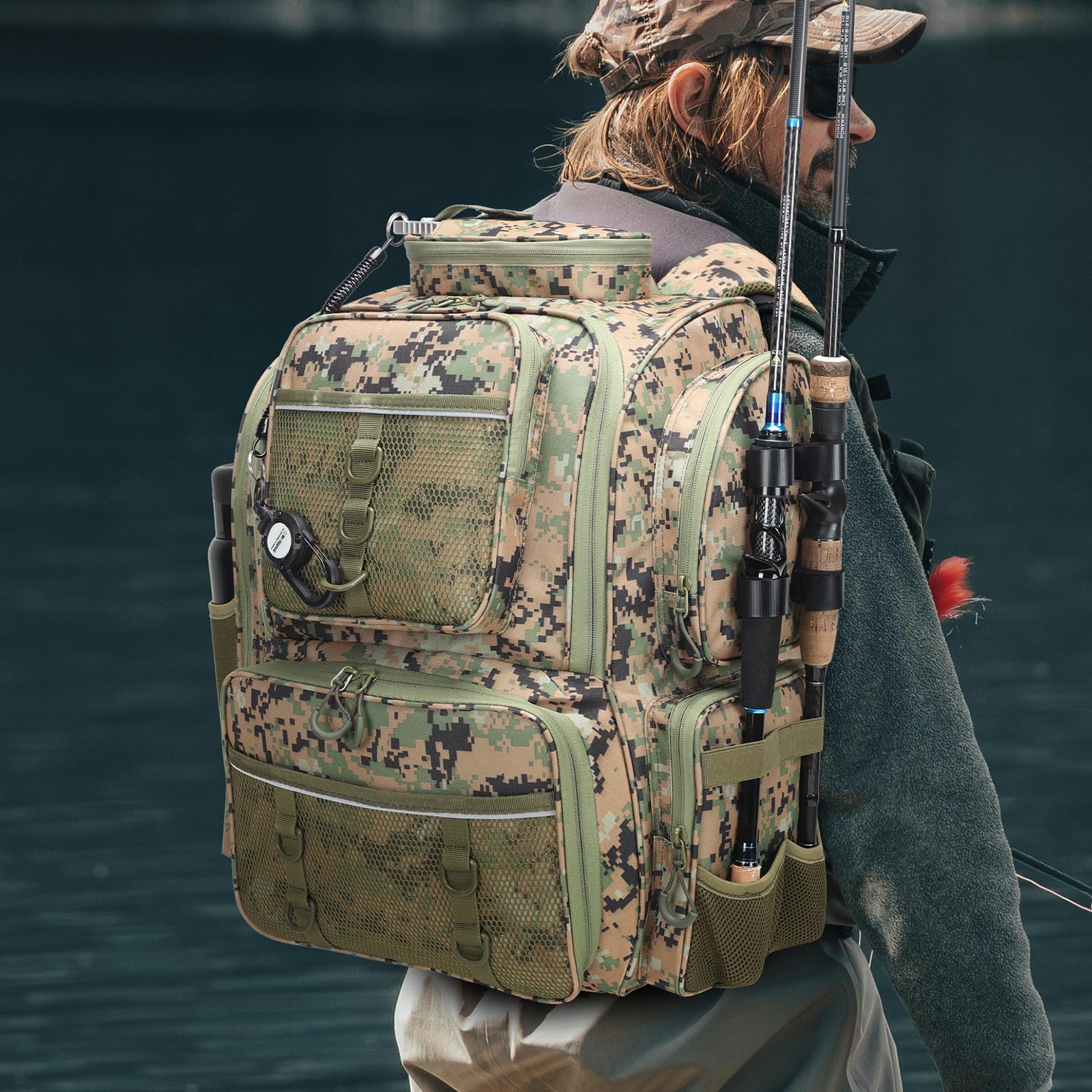 42L Waterproof Fishing Backpack with Rod Holders - Tackle Box Organizer & Storage for Fishing Gear - Perfect for Bass, Trout & Saltwater Fishing Trips