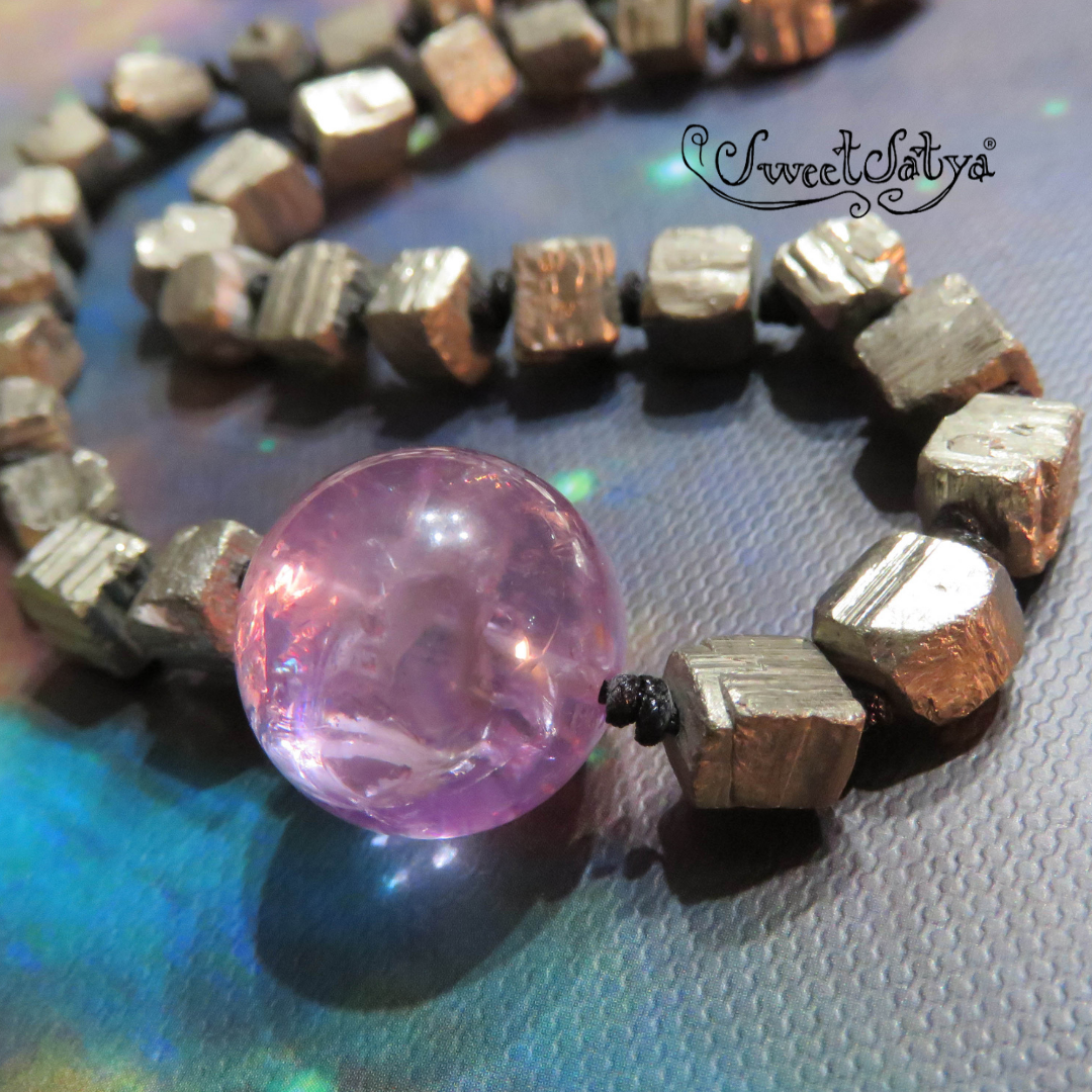Natural Amethyst and Pyrite Mala Beads - 108 Healing Meditation Prayer Beads for Yoga, Chakra Balancing & Spiritual Protection