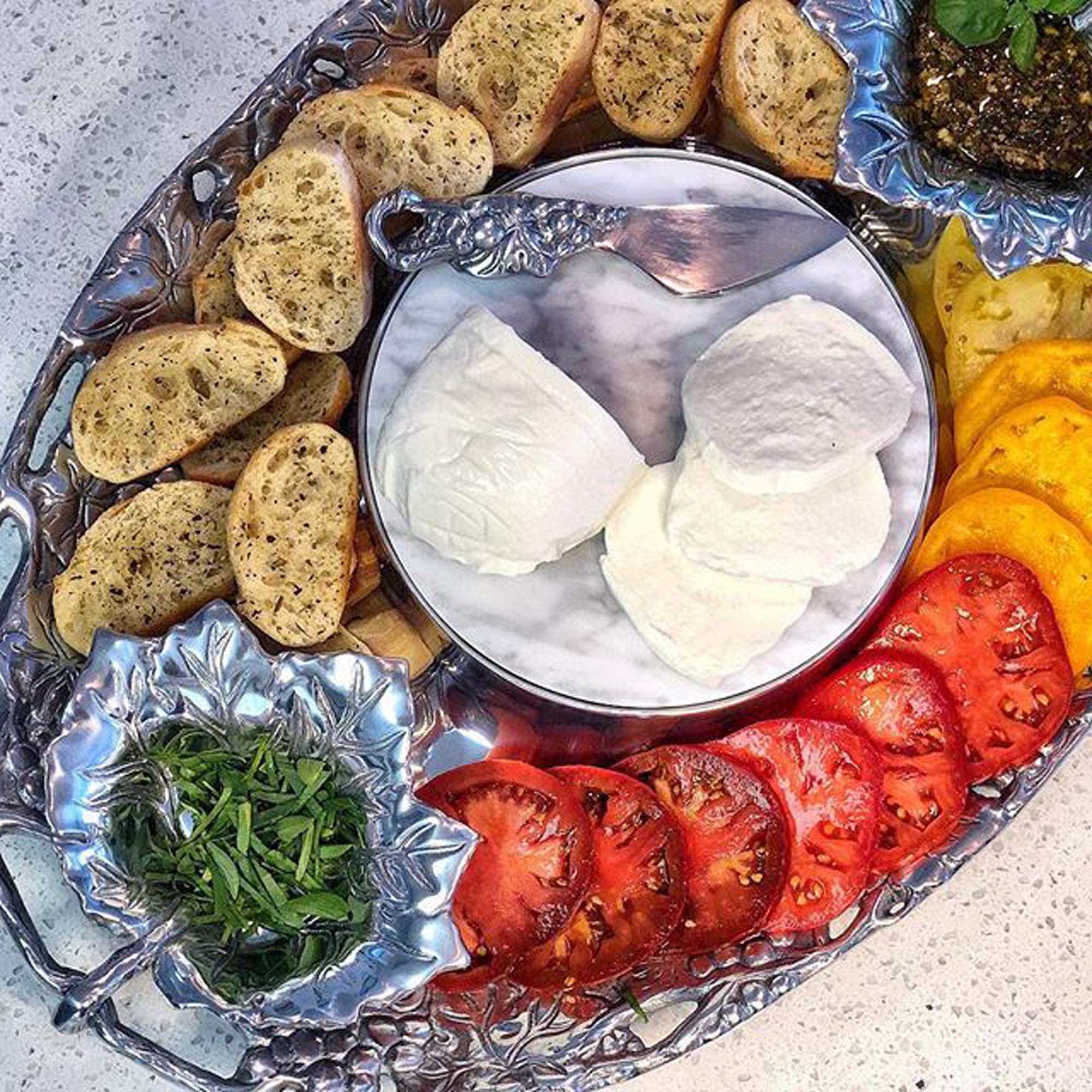 Arthur Court Designs 5-Piece Aluminum Grape Cheese & Dip Serving Set with 2 Bowls, Spreader & Marble Tray (20