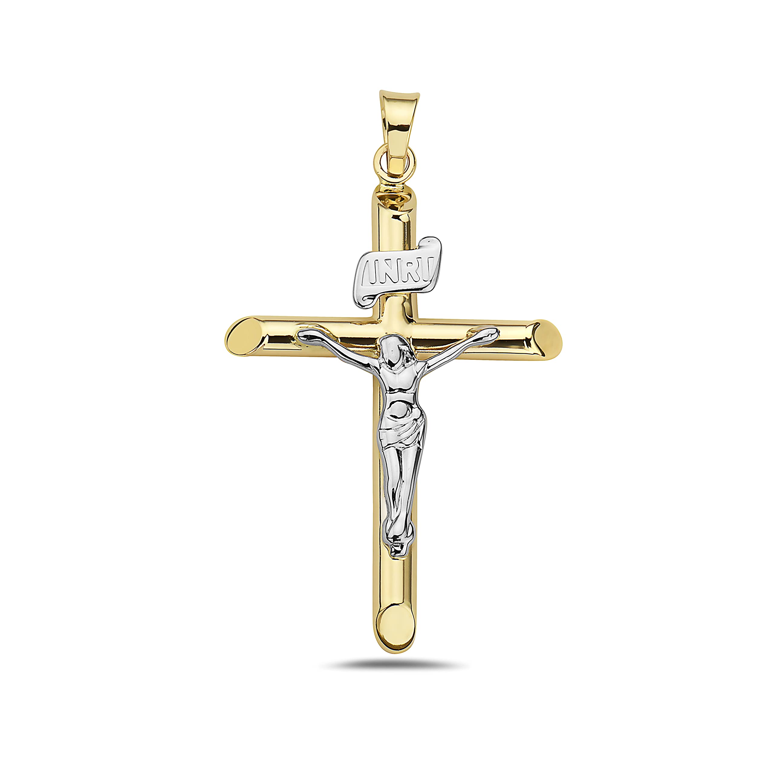 14K Two-Tone Gold & Silver INRI Crucifix Cross Pendant - Religious Jewelry for Women, Men & Kids - Baptism, First Communion & Confirmation Gift - Elegant Unisex Necklace for Daily Wear & Special Occasions