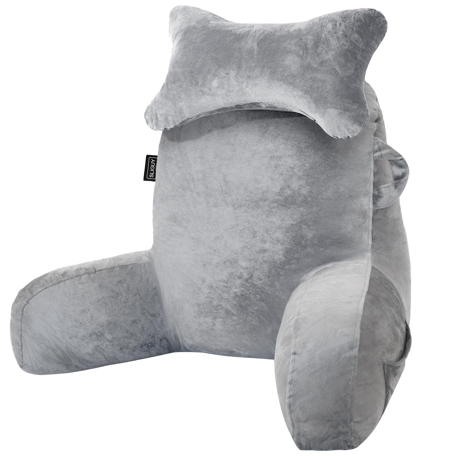 SLIGUY Reading Pillow for Adults - Back Support Pillow with Armrests & Storage Pockets - Comfortable Bed & Couch Pillow for Reading, Watching TV, Gaming - Light Grey - Perfect for Relaxing in Bed or Lounging on the Sofa