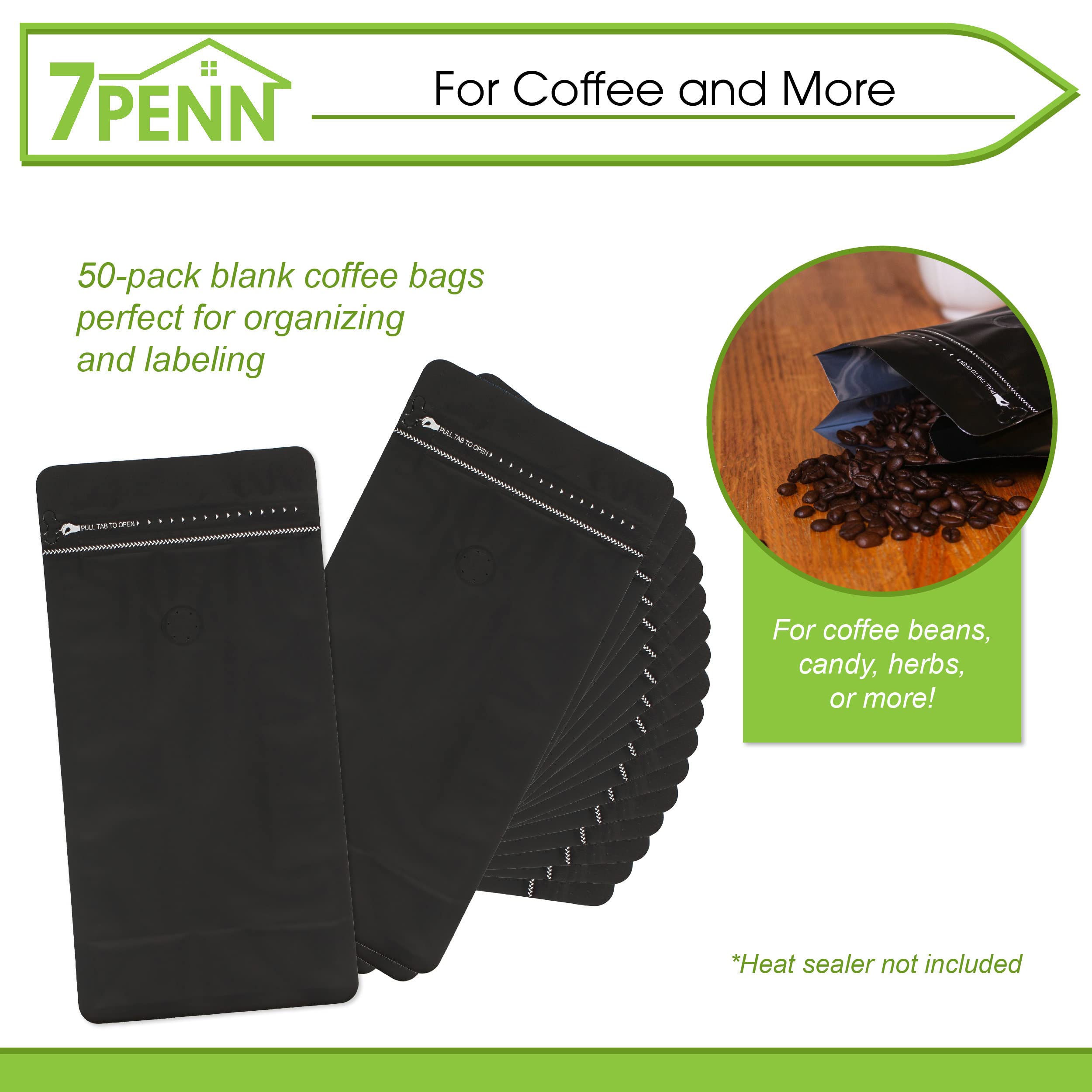 7Penn Resealable Coffee Bags 16oz (50 Pack) - Airtight Zipper Pouch with One-Way Valve for Fresh Coffee Storage | Ideal for Coffee Beans, Ground Coffee, Tea Leaves, Herbs & Candy | Perfect for Home Brewing, Coffee Shops & Bulk Food Packaging