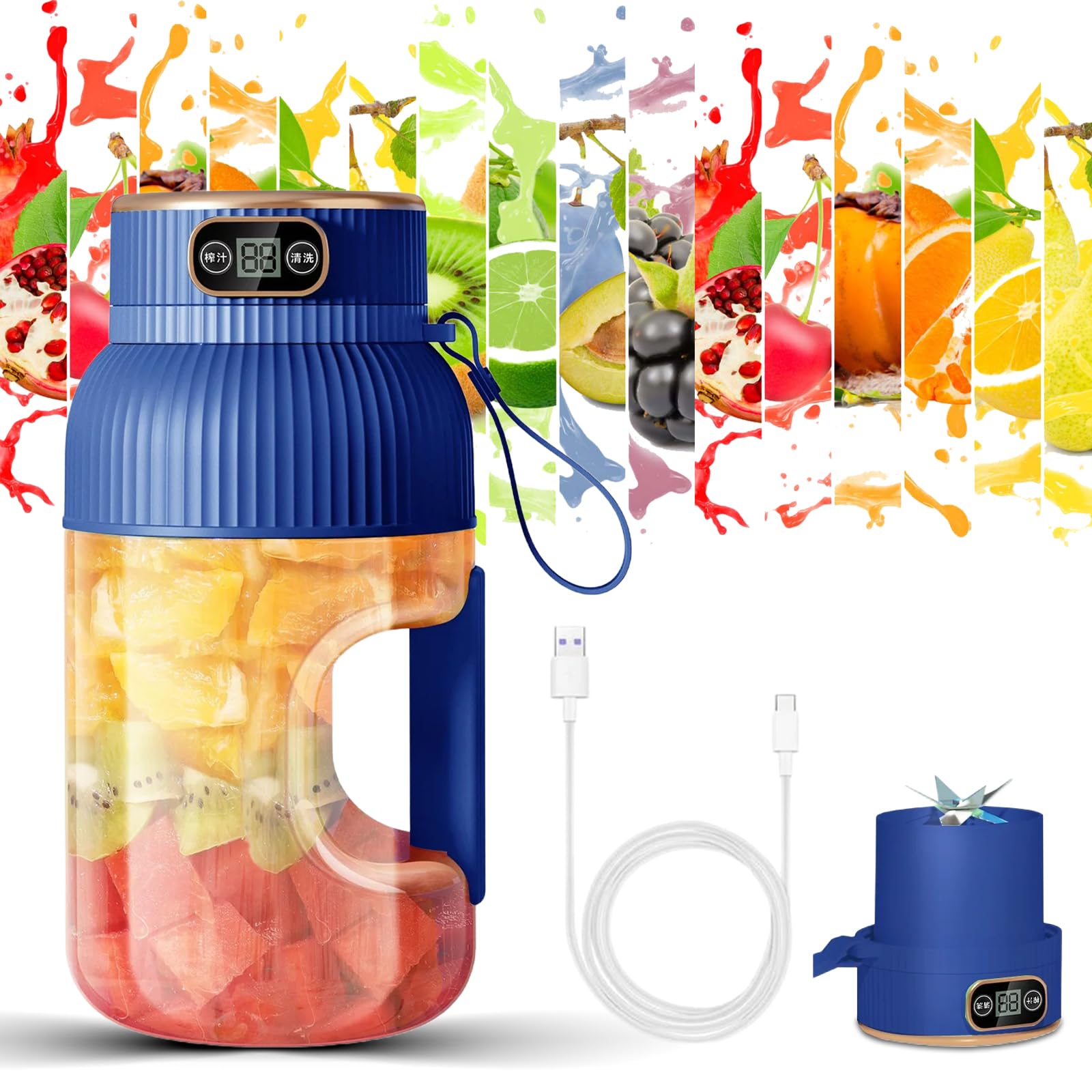 Portable USB Rechargeable Blender - 1200ML Digital Display Juicer Cup for Smoothies, Protein Shakes & Meal Prep | Gym, Travel & Home Use | BPA-Free, Easy Clean (Blue, Single Lid)