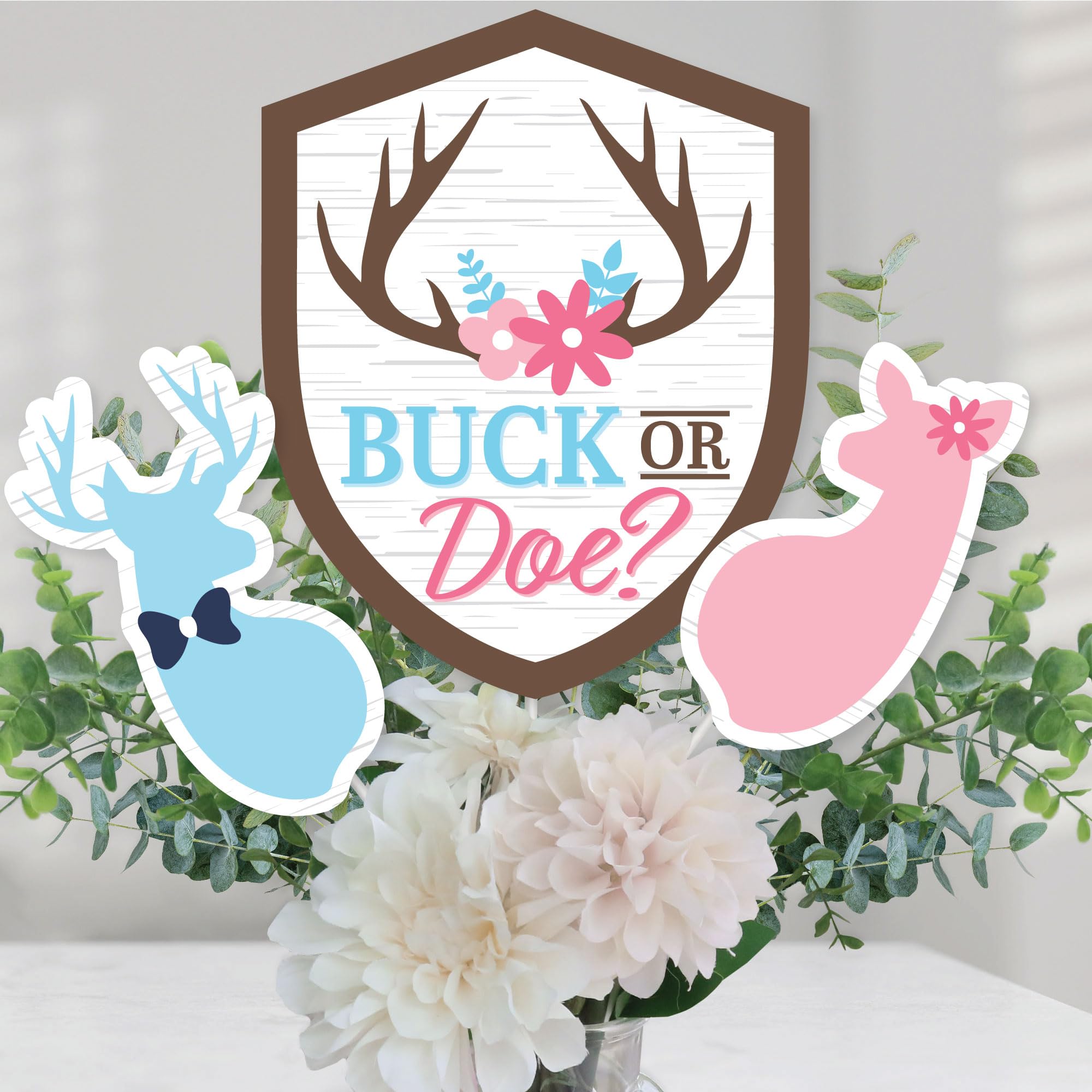 Buck or Doe Hunting Gender Reveal Party Decorations - Set of 15 Table Centerpiece Sticks for Baby Shower & Outdoor Themed Celebrations