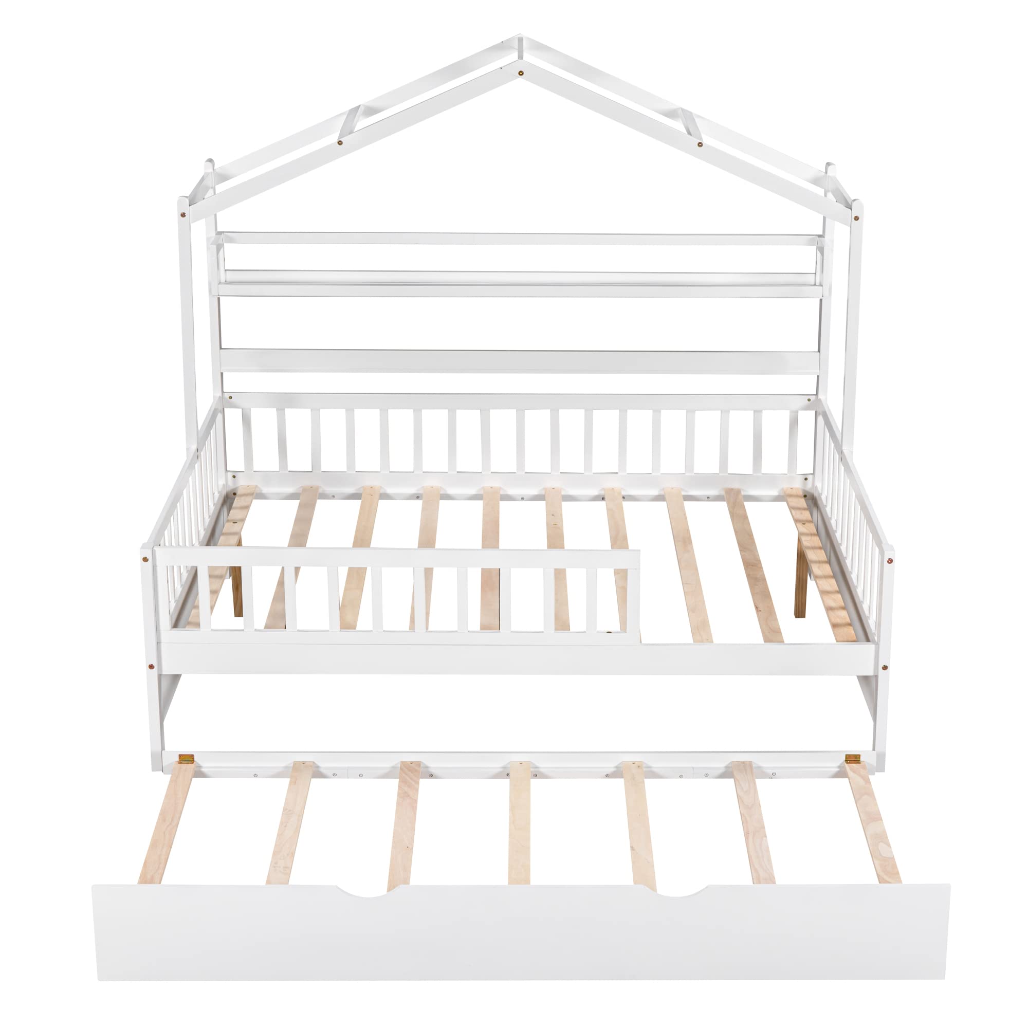 Wooden House Bed with Trundle - Kids Twin/Full Size Bed Frame with Built-in Shelf, Full-Length Safety Guardrail & Roof Design - No Box Spring Needed - White - Perfect for Bedroom, Playroom & Nursery Decor