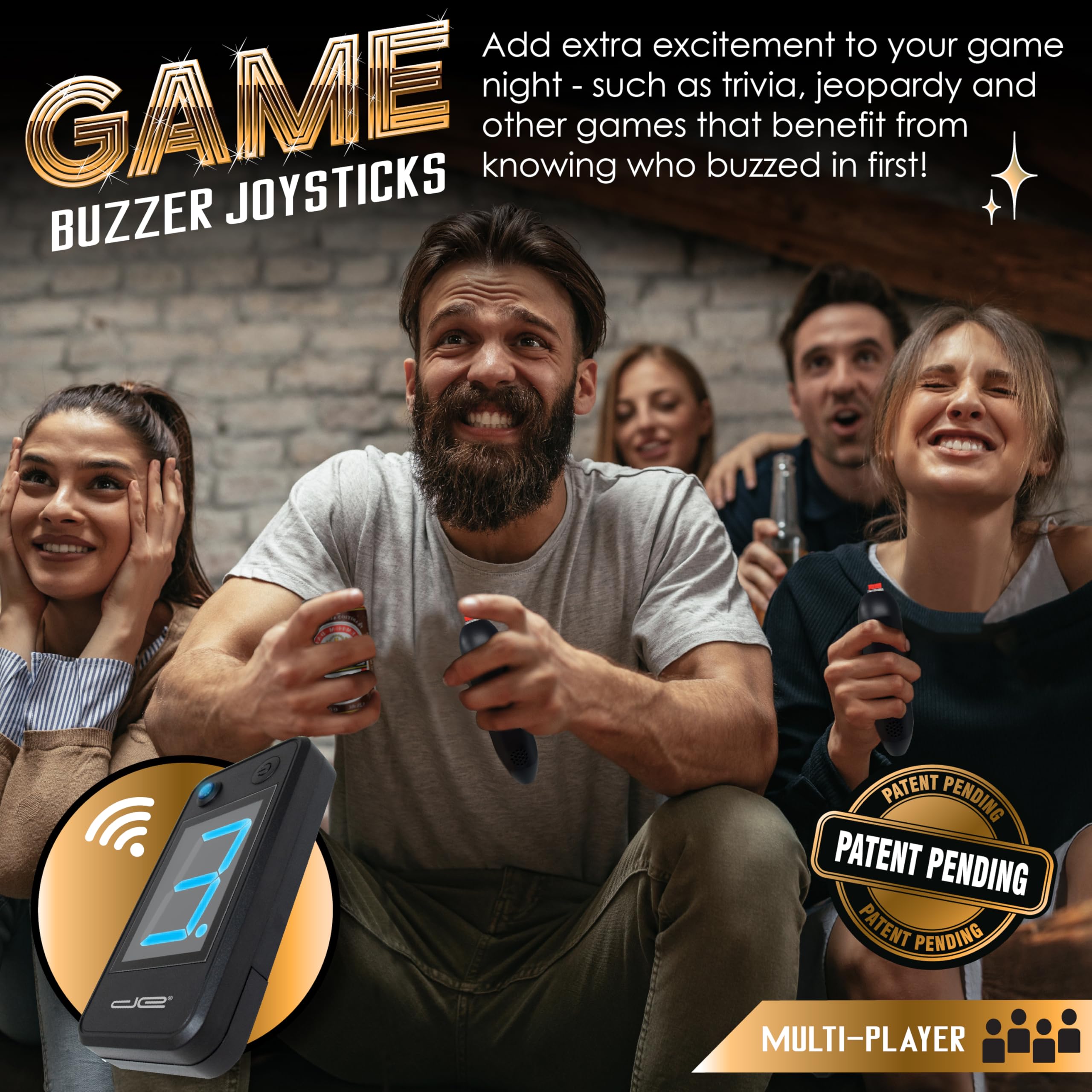 Digital Energy Wireless Handheld Game Buzzer System with 4 Joystick Buzzers - First Buzz-in Display for Trivia, Quiz & Party Games - Perfect for Jeopardy, Family Feud, Game Nights & Classroom Activities