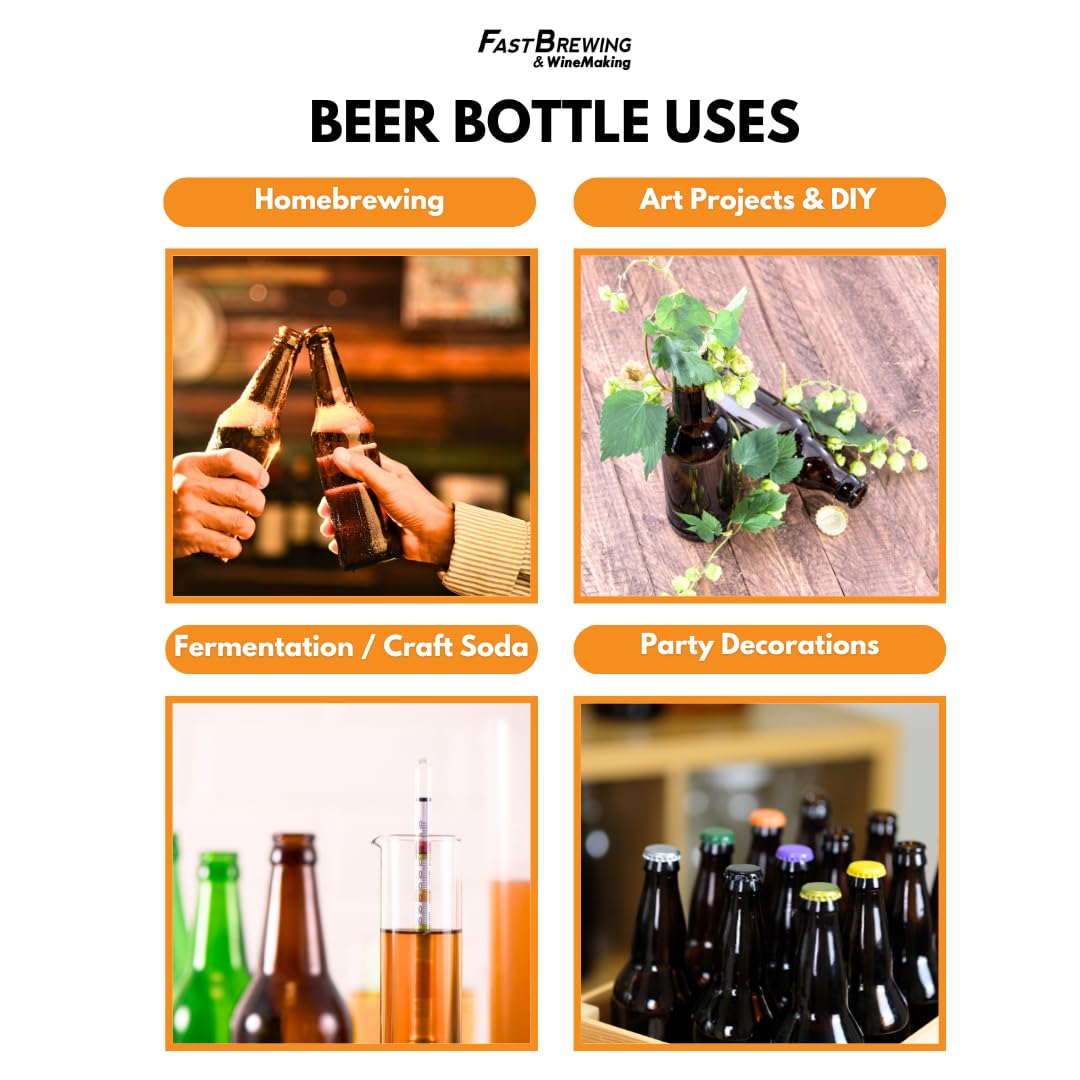 Premium 12 oz Amber Glass Longneck Beer Bottles - Pack of 48 | Food Grade, Refillable & Eco-Friendly Home Brewing Bottles with Crown Caps | Perfect for Craft Beer, Kombucha, Cider & Homemade Beverages | Made in USA