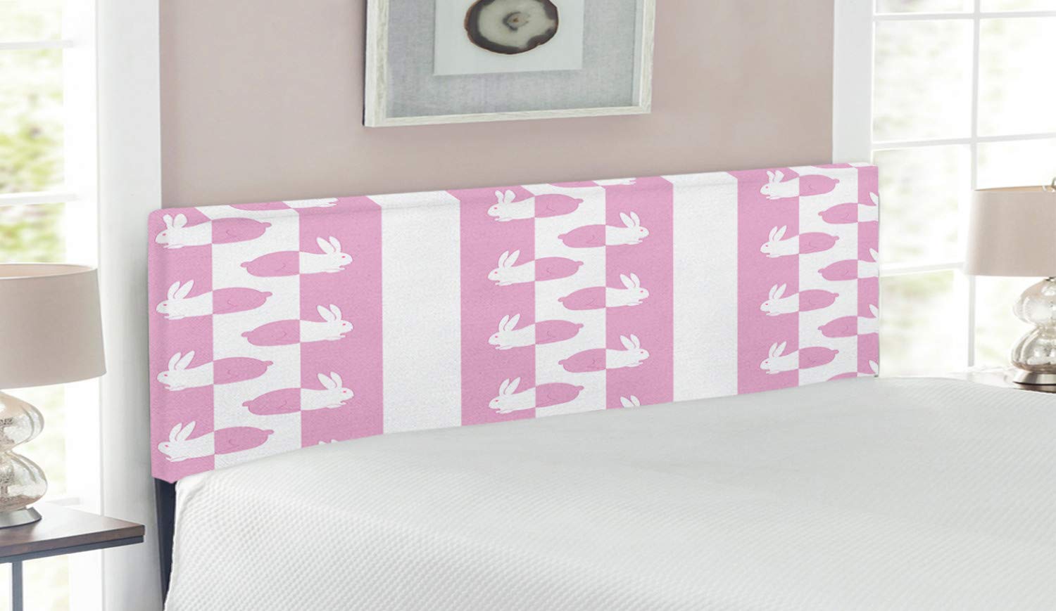 Ambesonne Easter Bunny Rabbits Headboard - Pastel Animal Girls Design Upholstered Metal Bed Frame with Memory Foam - Queen Size White & Pink - Perfect for Easter Decor, Girls' Bedroom & Spring Home Decor