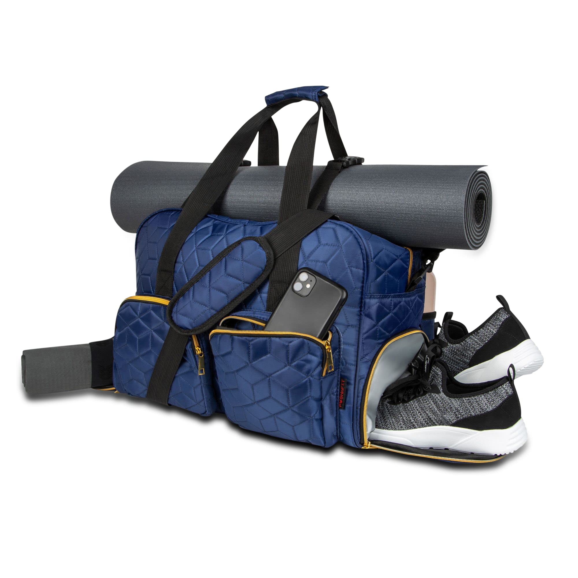 Waterproof Quilted Women's Gym Duffel Bag - Travel & Weekender Bag with Yoga Mat & Shoe Storage - Carry On Luggage for Fitness, Yoga & Travel (Blue)