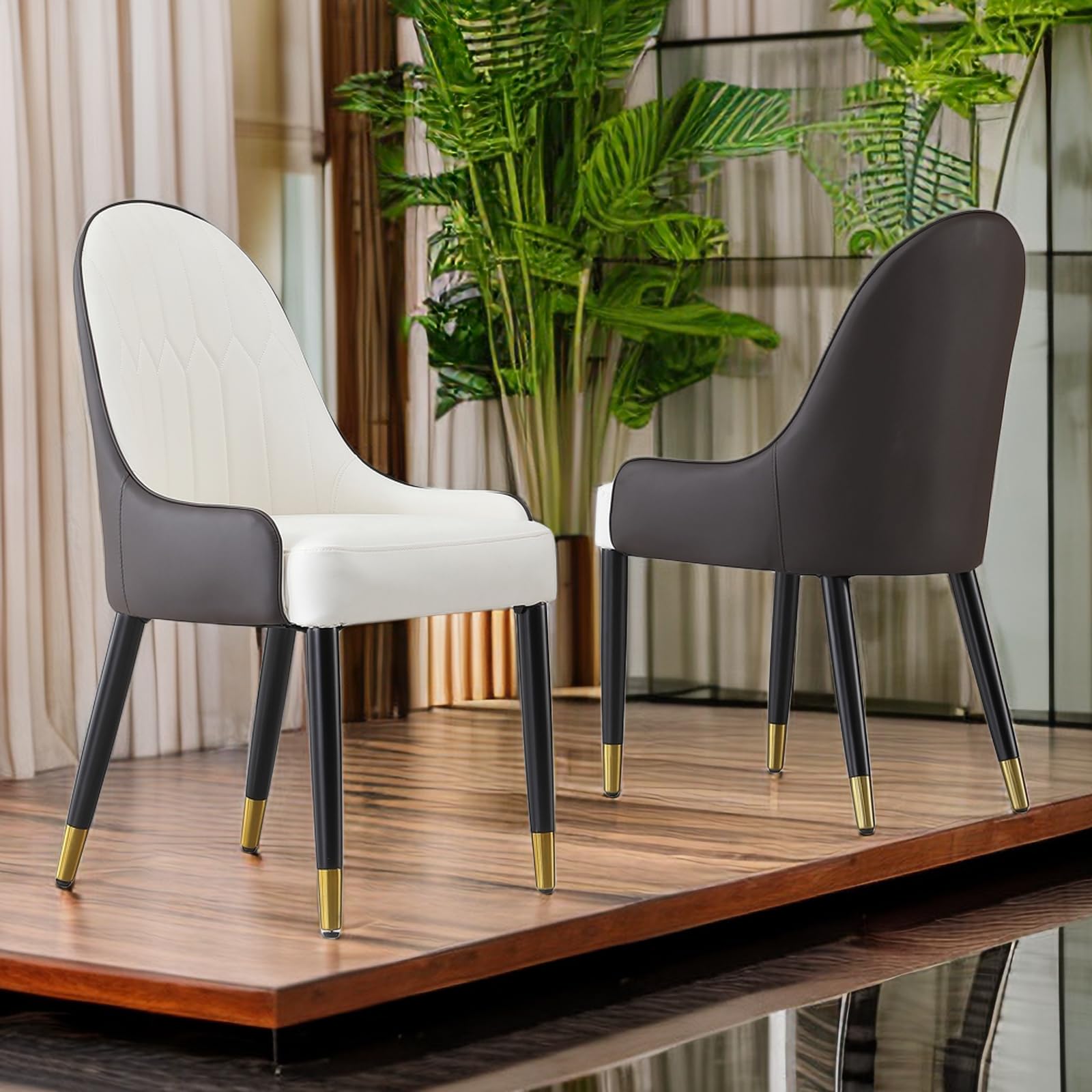 Mid Century Modern Dining Chairs Set of 2 - Brown & White Leather Upholstery with Solid Metal Legs & Ergonomic Backrest - Perfect for Dining Room, Kitchen, Living Room & Home Office