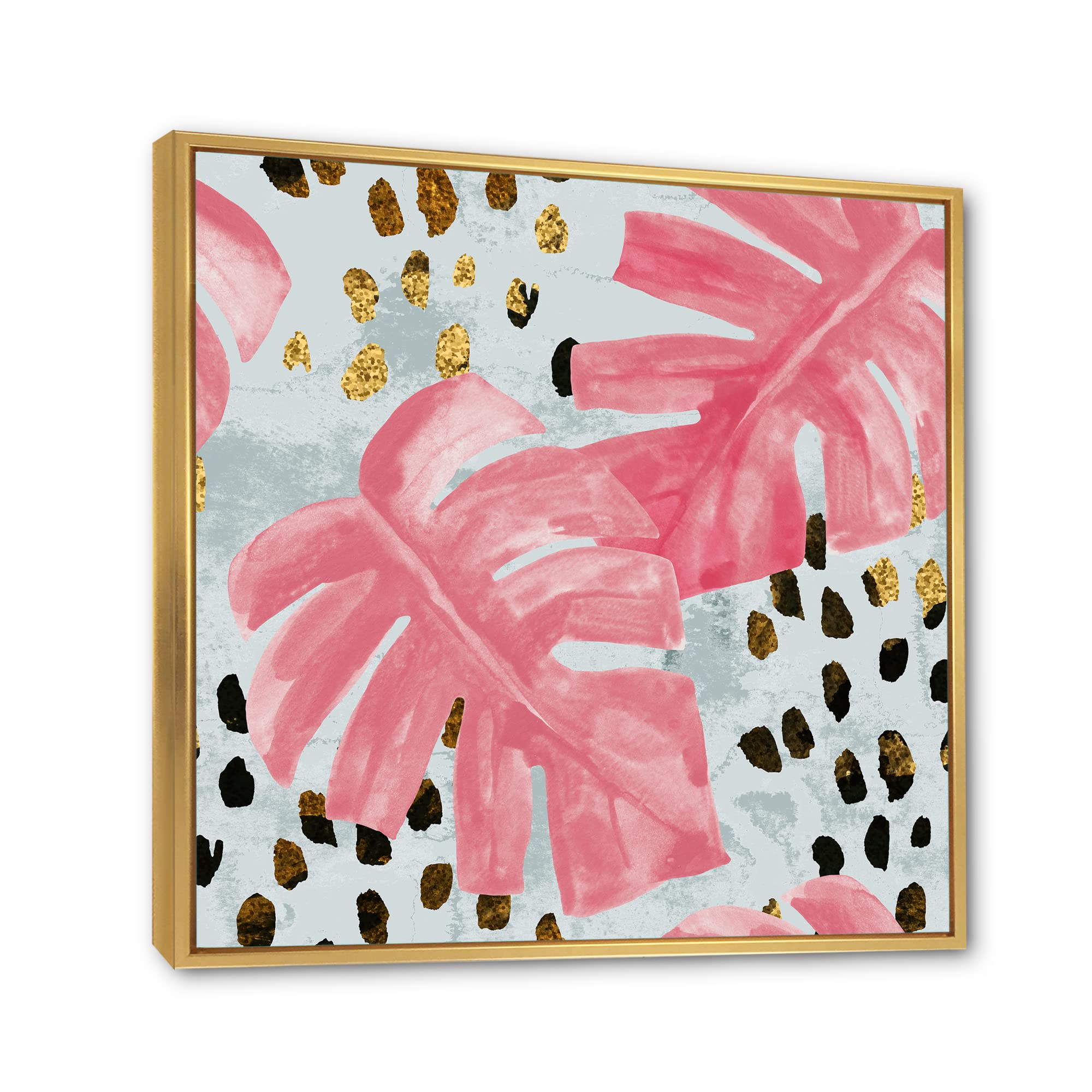DesignQ Pink Monstera Leaf Tropical Wall Art - Framed Canvas Print with Rough Brush Strokes for Home & Office Decor
