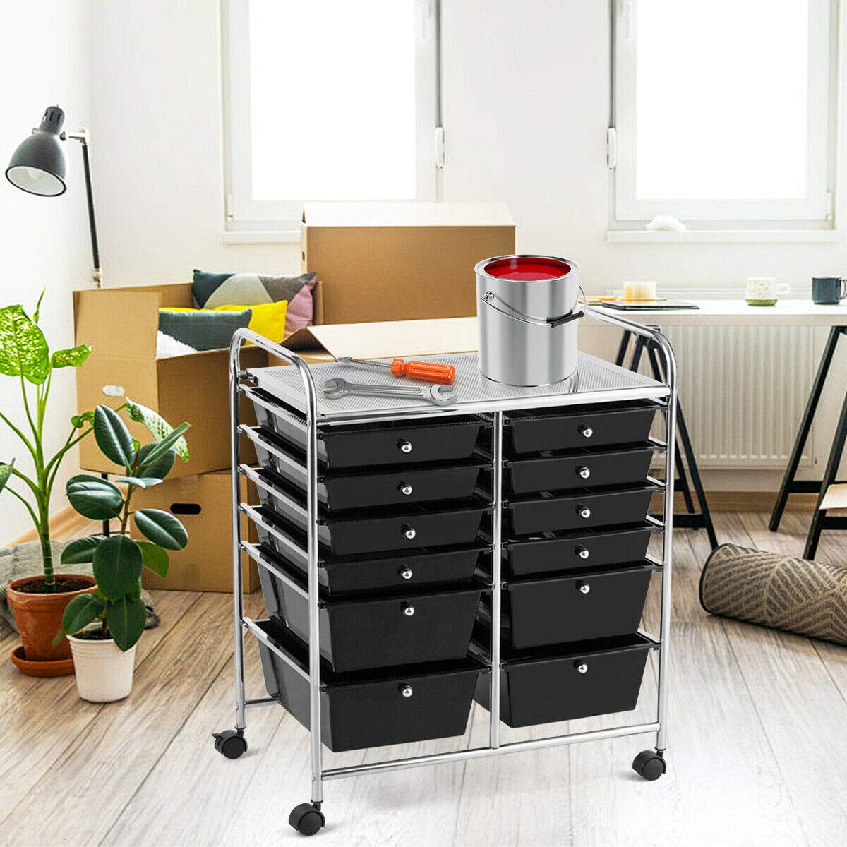 Black 12-Drawer Rolling Cart with Storage Bins - Lightweight Mobile Organizer for Scrapbook Paper, Studio Supplies | Perfect for Home Office, Garage & School | Ideal for Craft Rooms, Workshops & Dorm Organization