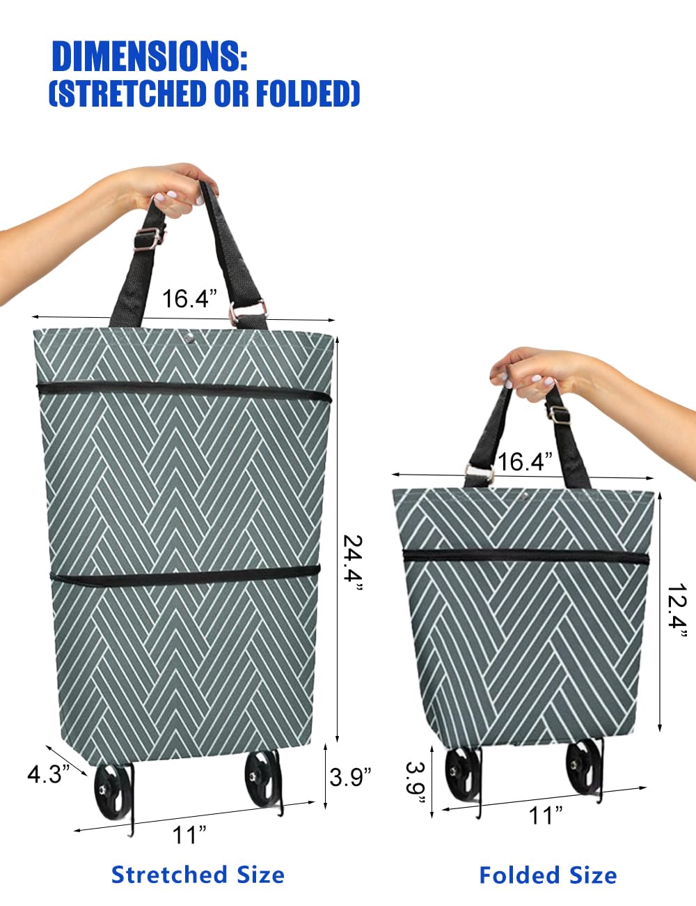 Foldable Grocery Cart with Wheels - Heavy Duty Collapsible Shopping Trolley for Supermarket, Laundry & Home Use (Grey Stripe) - Portable Utility Cart for Seniors & Apartment Dwellers