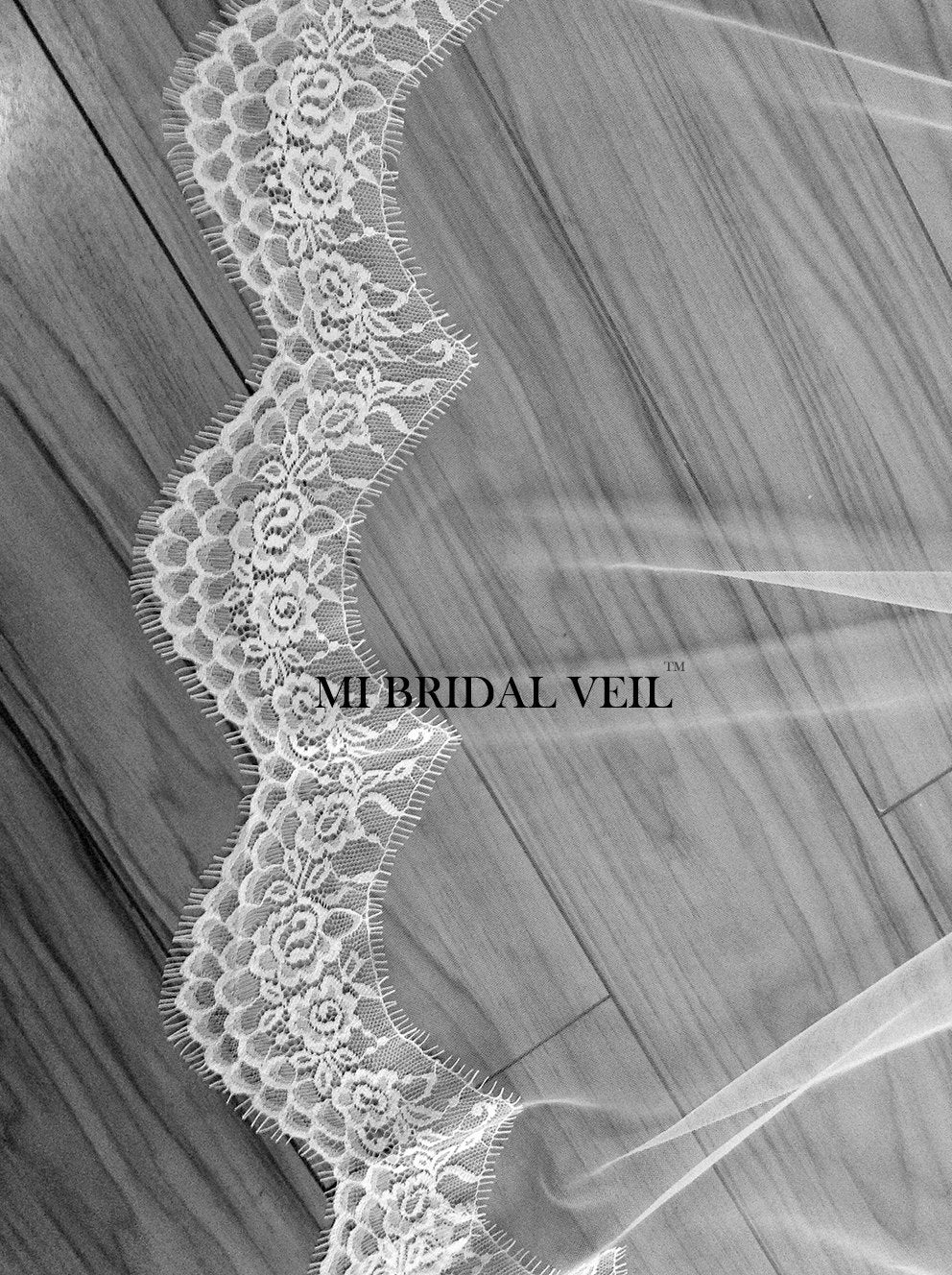 Elegant Chantilly Cathedral Lace Wedding Veil with Eyelash Trim - Perfect for Bridal Gowns, Church Weddings & Formal Ceremonies