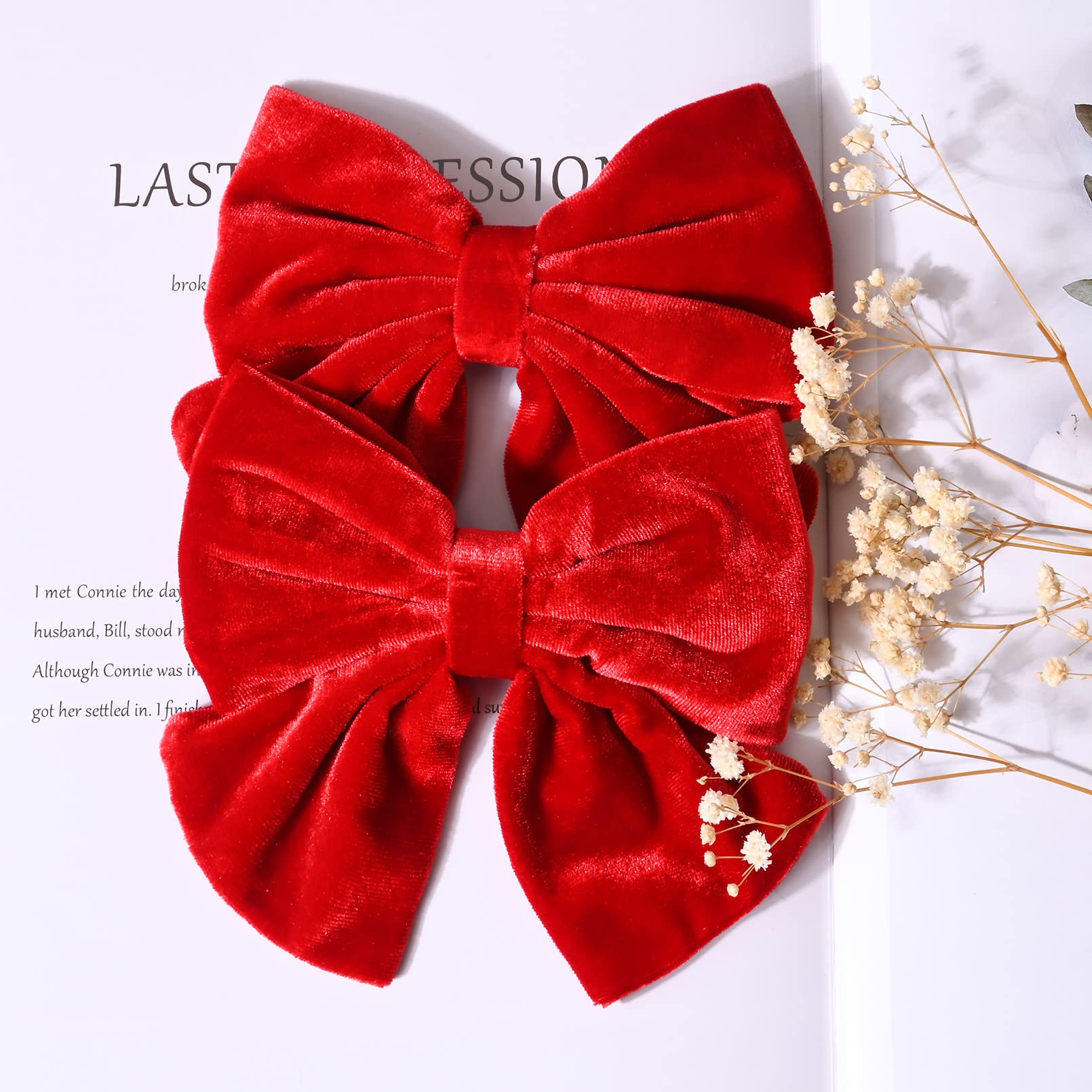 Velvet Hair Bows for Girls - 6 Inch Big Red Fall Hair Clips (2PCS) - Alligator Clips for Toddlers, Teens & Kids - Perfect for School, Parties & Photo Shoots