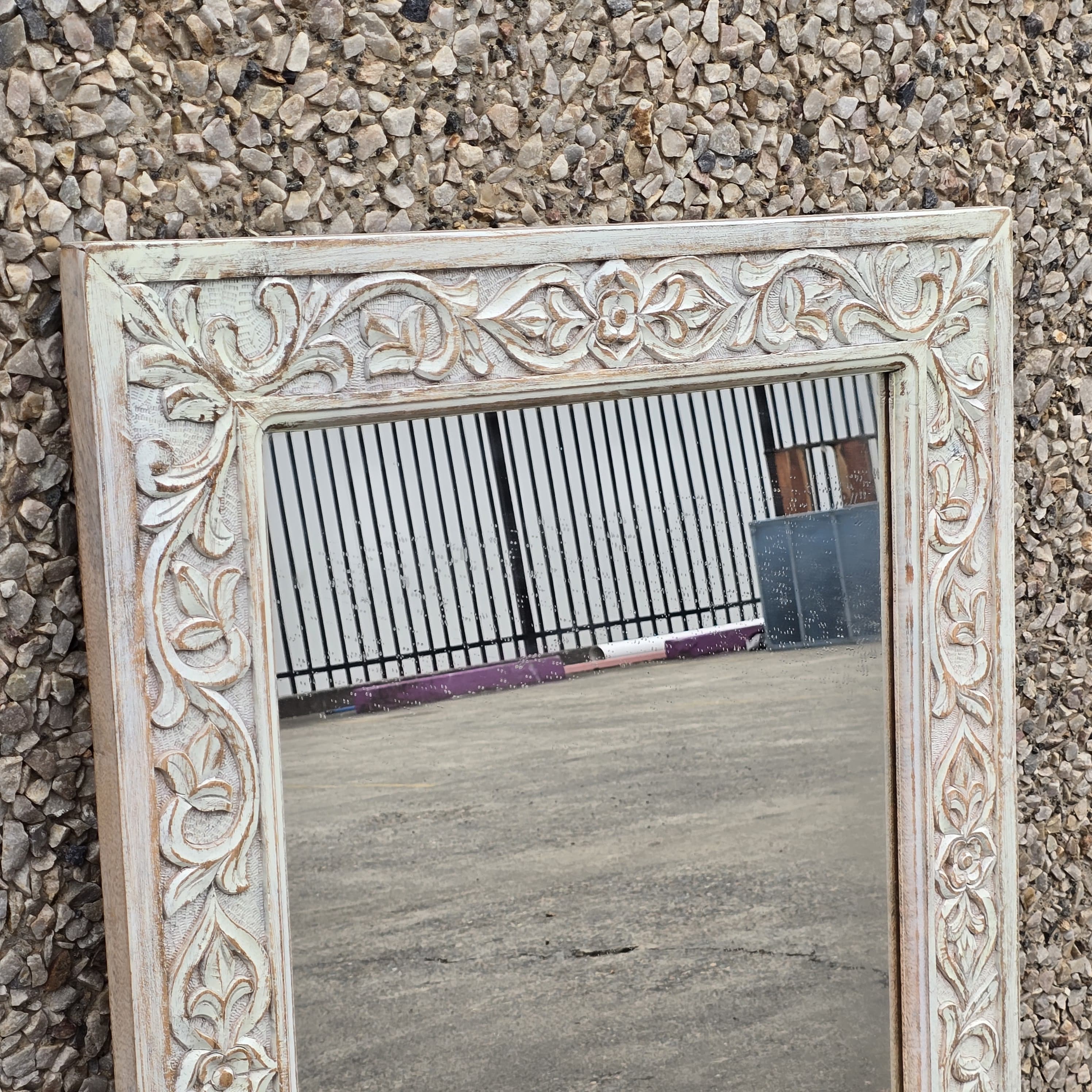Handcrafted Floral Carved Solid Wood Indian Furniture Mirror Frame - Rustic White Wall Decor for Living Room, Bedroom & Entryway
