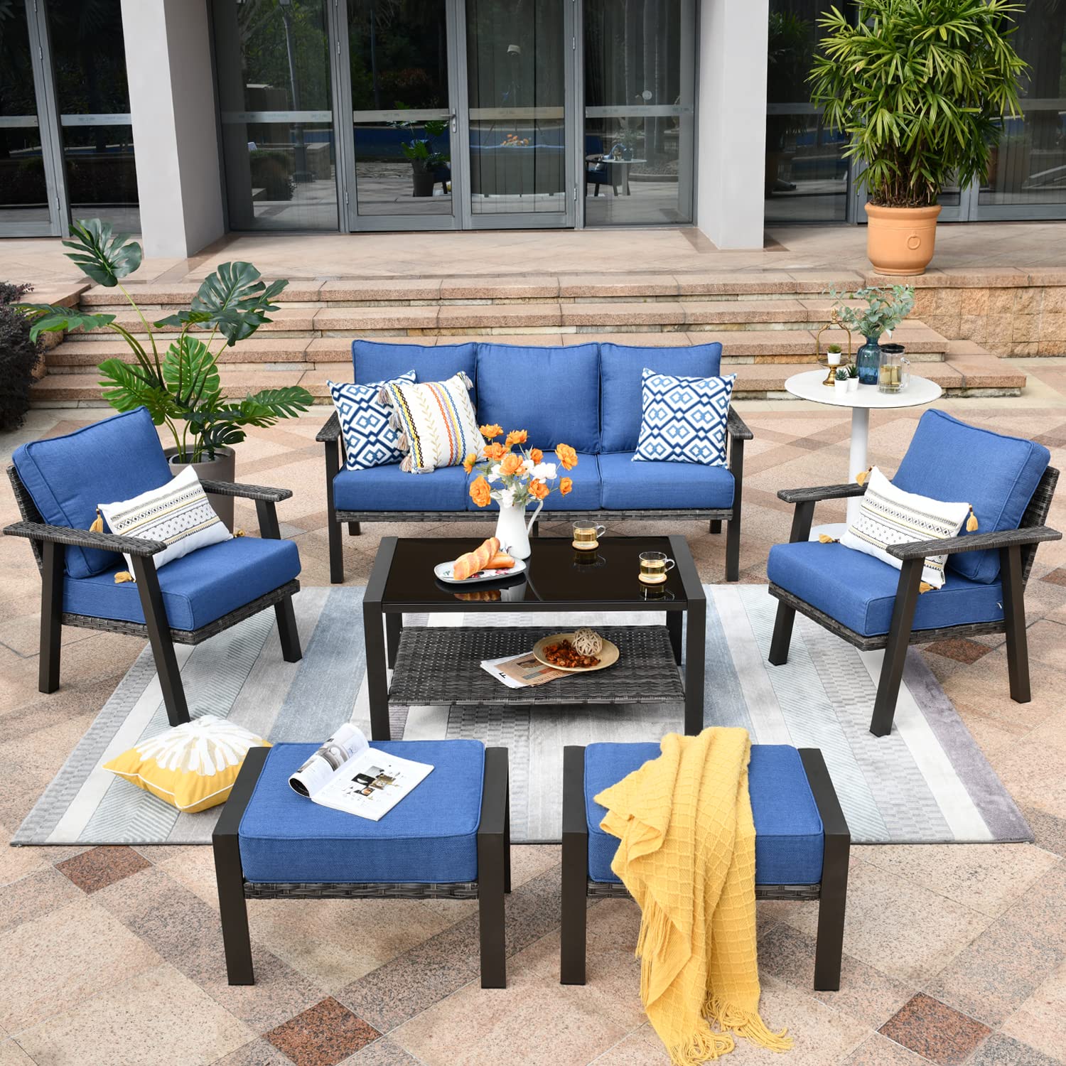 Modern 6-Piece Wicker Patio Furniture Set with High Back Support, Thick Cushions & Coffee Table - Outdoor Garden Conversation Sofa for Backyard, Deck, Poolside (Blue) - Perfect for Relaxing & Entertaining Guests
