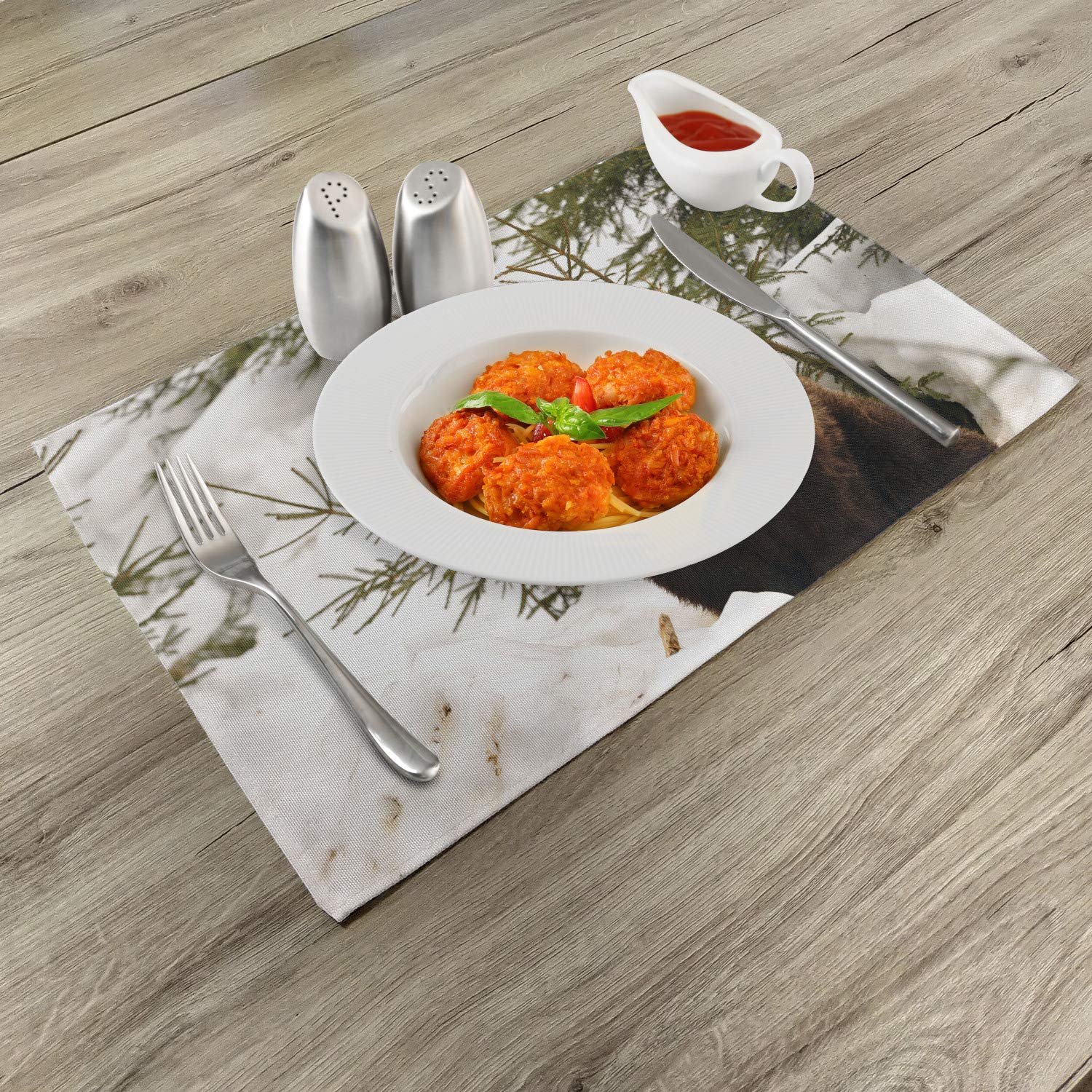 Lunarable Nature Place Mats Set of 4 - Wild Grizzly Bear in Snowy Winter Forest Design, Washable Fabric Table Mats for Dining Room, Standard Size Dark Brown - Perfect for Holiday Dinners, Cabin Decor & Wildlife Themed Parties