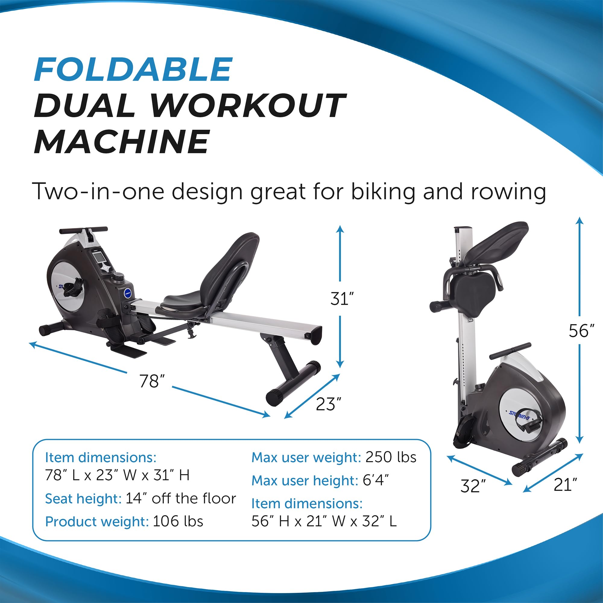 Stamina Recumbent Exercise Bike & Rower - Smart Workout App - Home Fitness for 250lbs