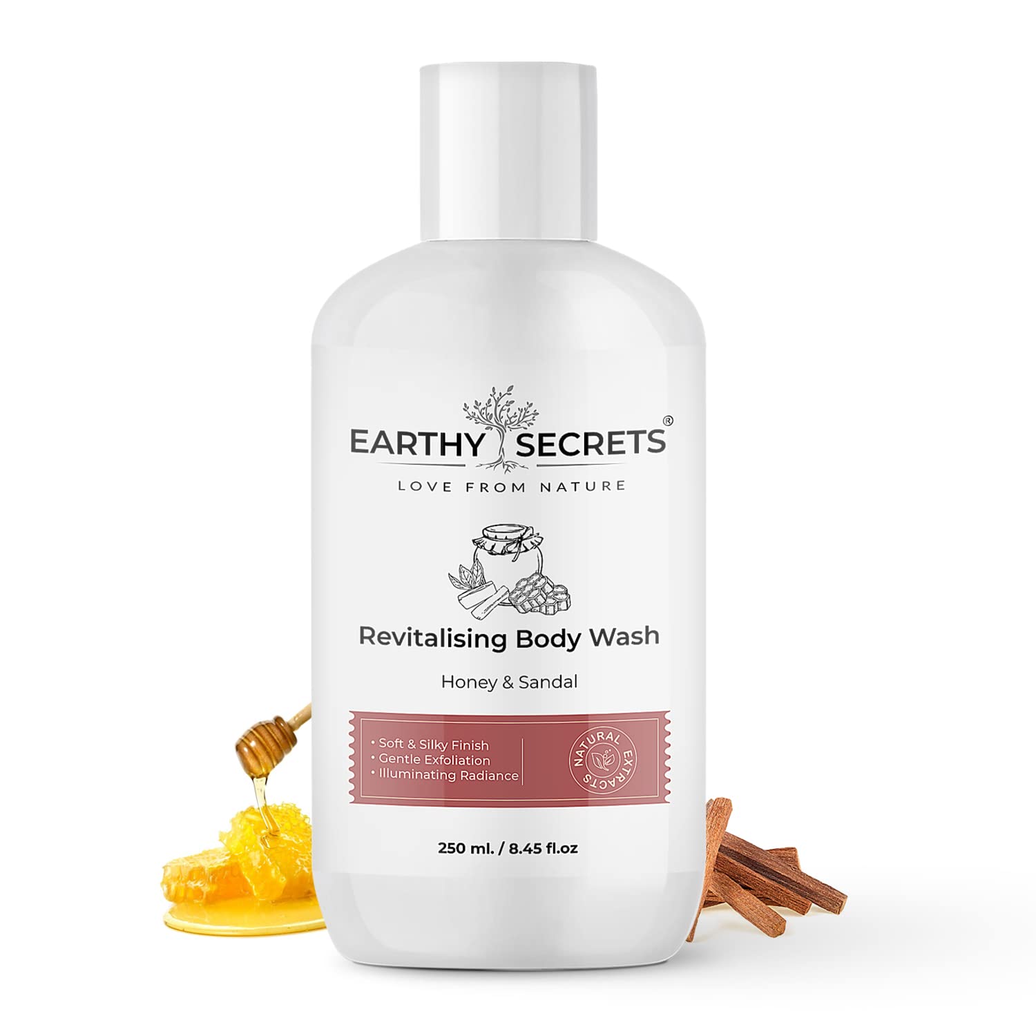 Earthy Secrets Honey & Sandalwood Revitalizing Body Wash - 250ml | Moisturizing, Gentle Exfoliation & Glowing Skin | Perfect for Daily Shower & Spa Relaxation