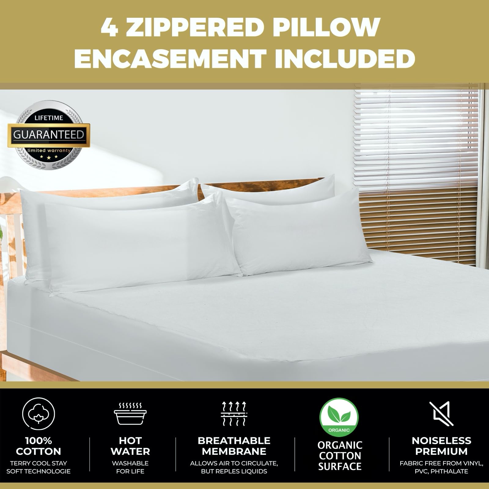4 Pack Queen Size Organic Cotton Pillow Protectors - Waterproof, Bed Bug Proof Zippered Pillow Covers - 100% Breathable Terry Cotton for Allergy Relief - Perfect for Hotels, Dorms & Home Use (White)