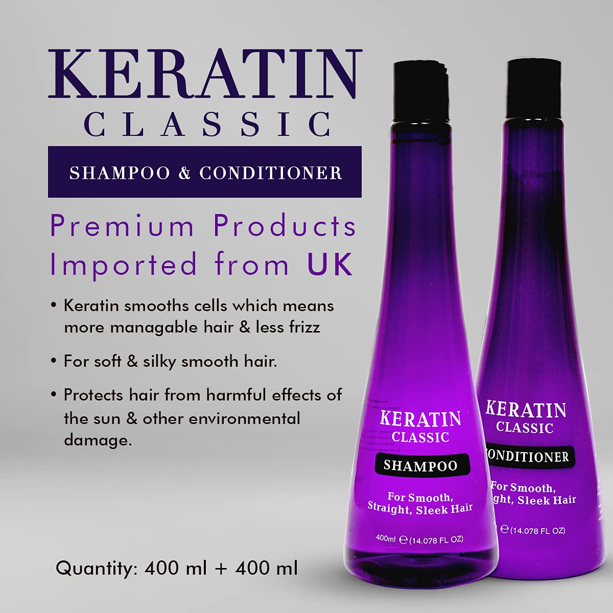 Keratin Classic Xpel Keratin Shampoo & Conditioner Set - 400ml for Smooth Straight Sleek Hair - All Hair Types - Salon Quality Hair Care for Daily Use & Professional Styling