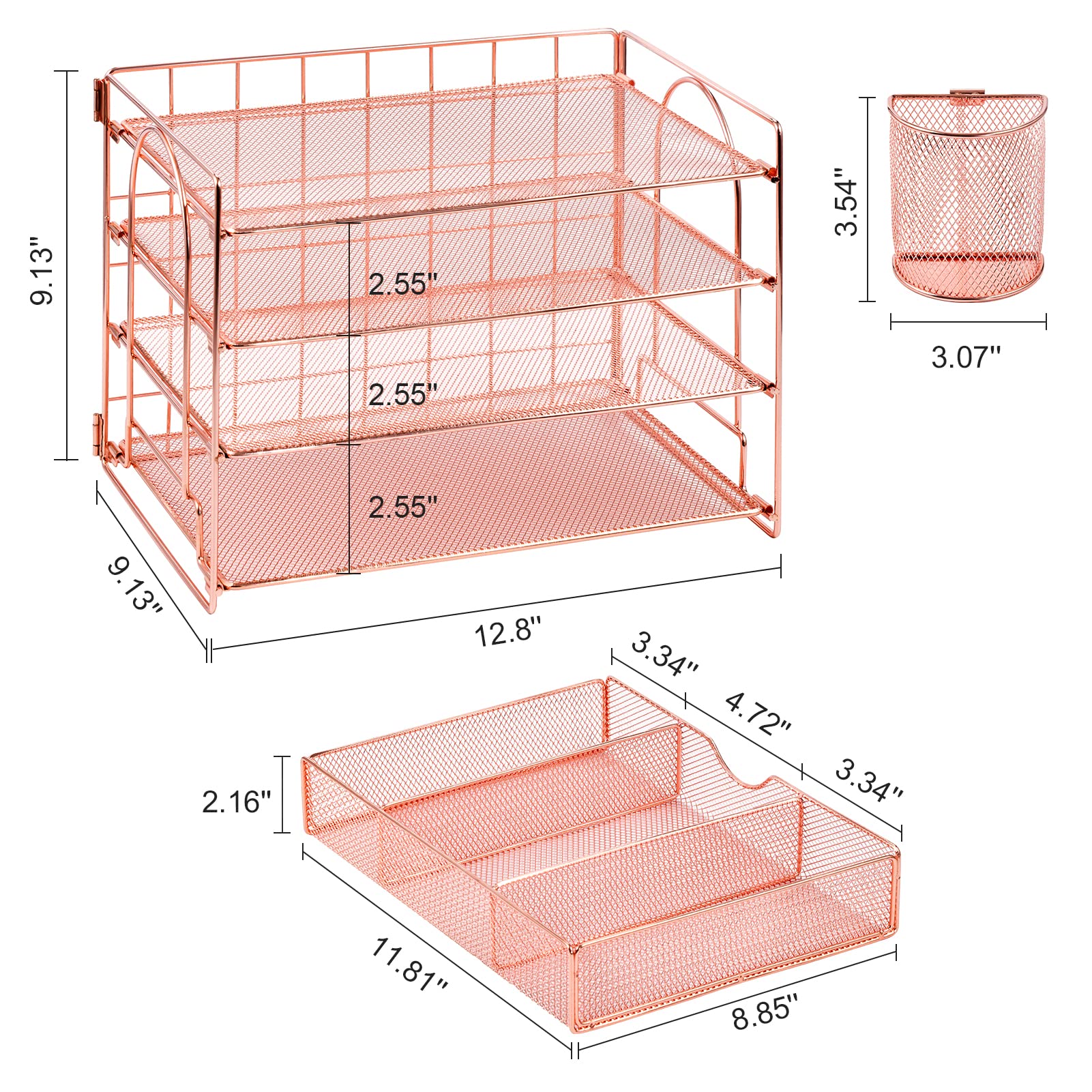 Marbrasse 4-Tray Desk File Organizer with 2 Pen Holders & Drawer - Rose Gold Desktop Hanging File Holder for Office Paper Letter Tray Organization - Perfect for Home Office, Workspace, and School Supplies Storage