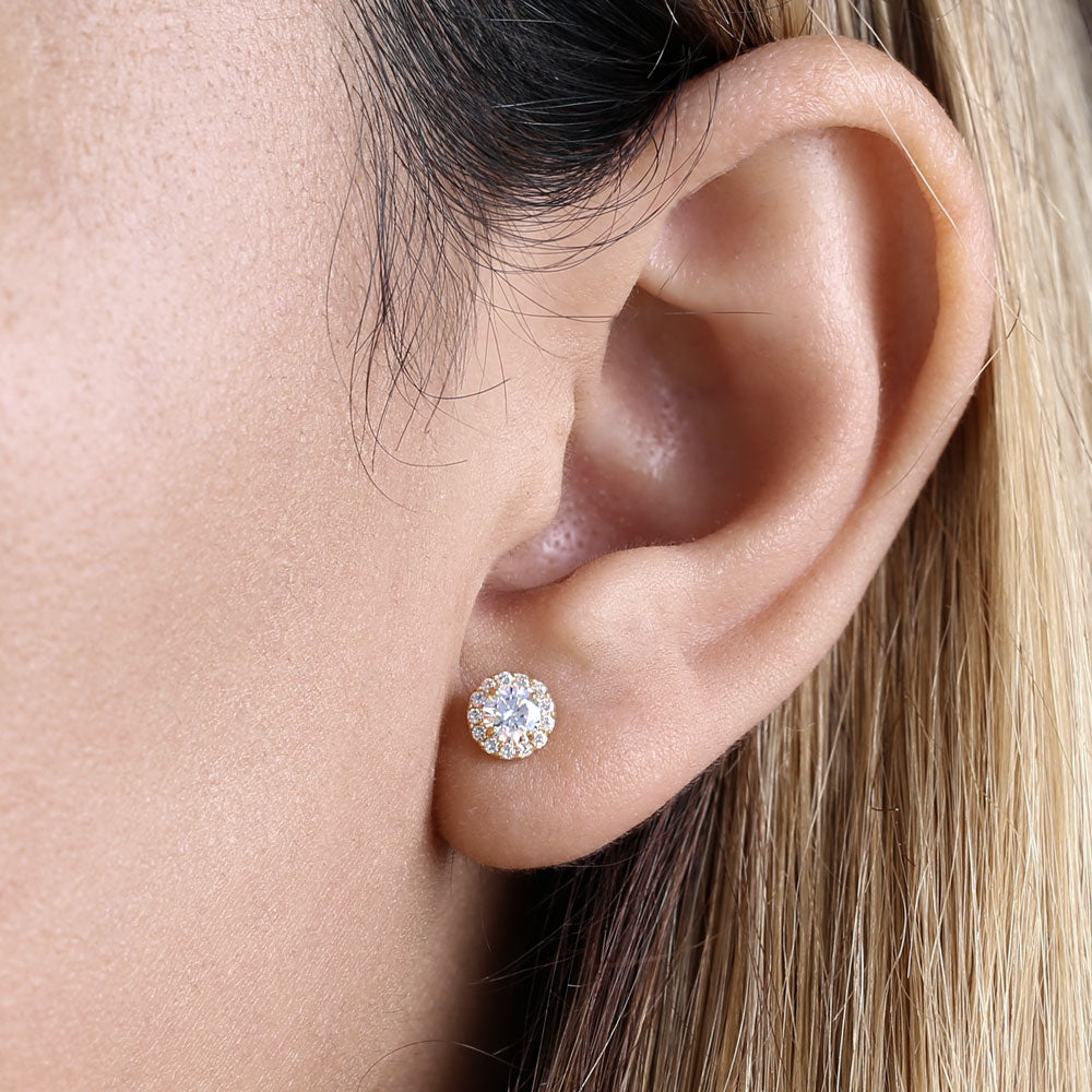 14K Yellow Gold Round Halo Cubic Zirconia Stud Earrings for Women - Perfect Gift for Anniversary, Birthday & Special Occasions