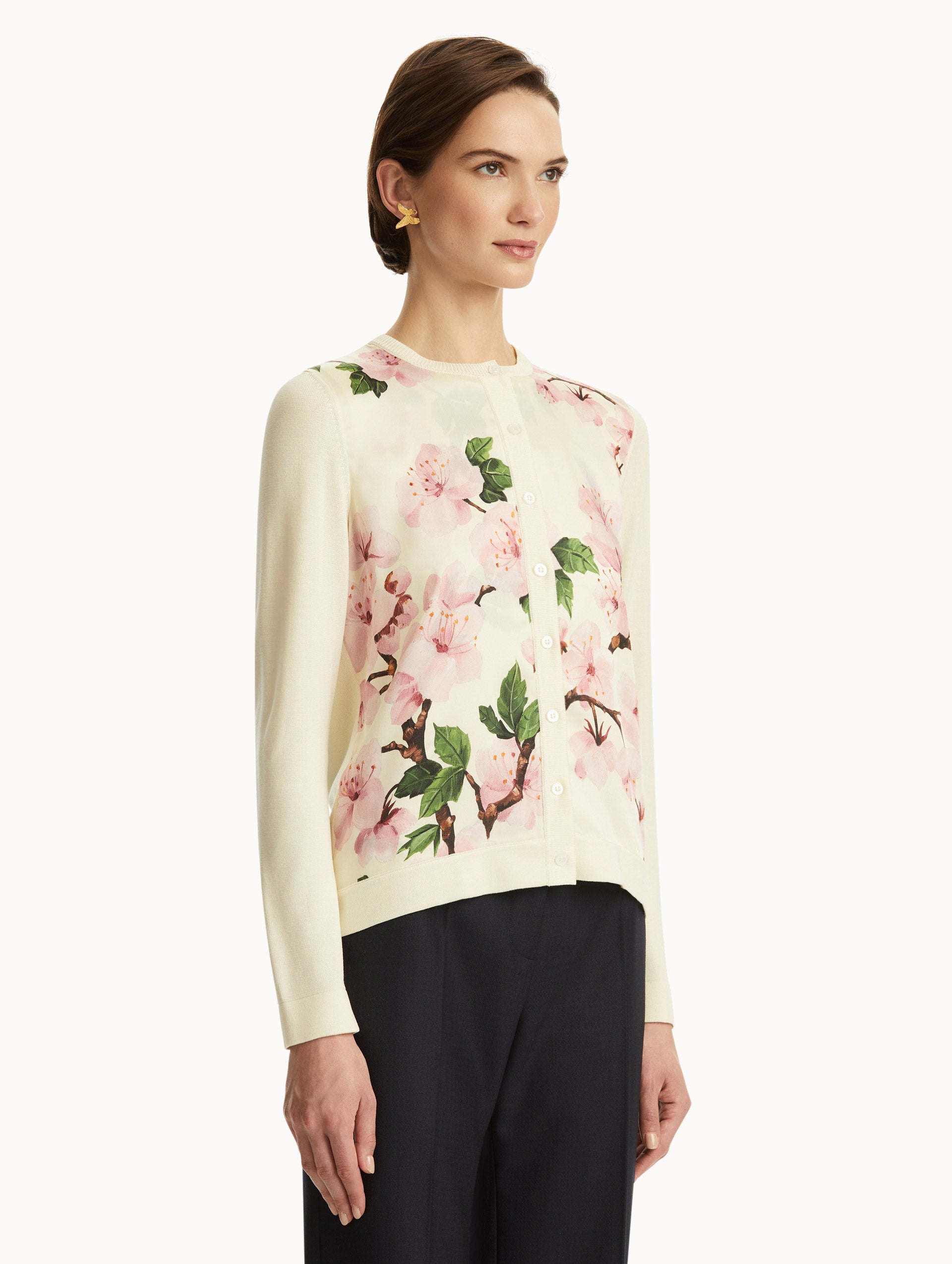 Cherry Blossom Silk Cardigan for Women - Elegant Floral Print Blouse with Silk Inserts - Perfect for Spring Outfits, Office Wear & Special Occasions