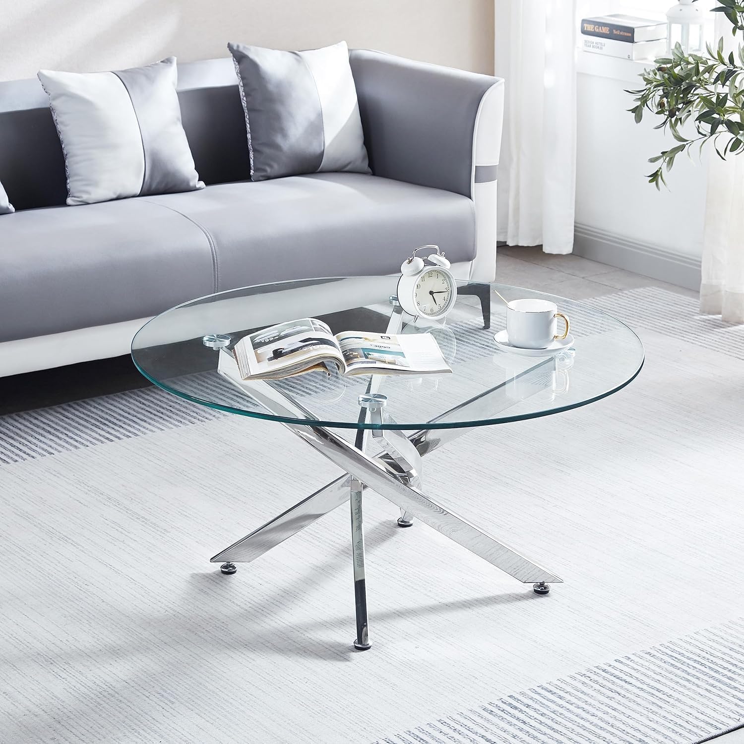 2-Piece Luxury Living Room Set - Clear Tempered Glass Round Coffee Table & Silver End Table with Stainless Steel Frame for Apartment, Home Office | Perfect for Small Spaces, Modern Decor & Entertaining Guests